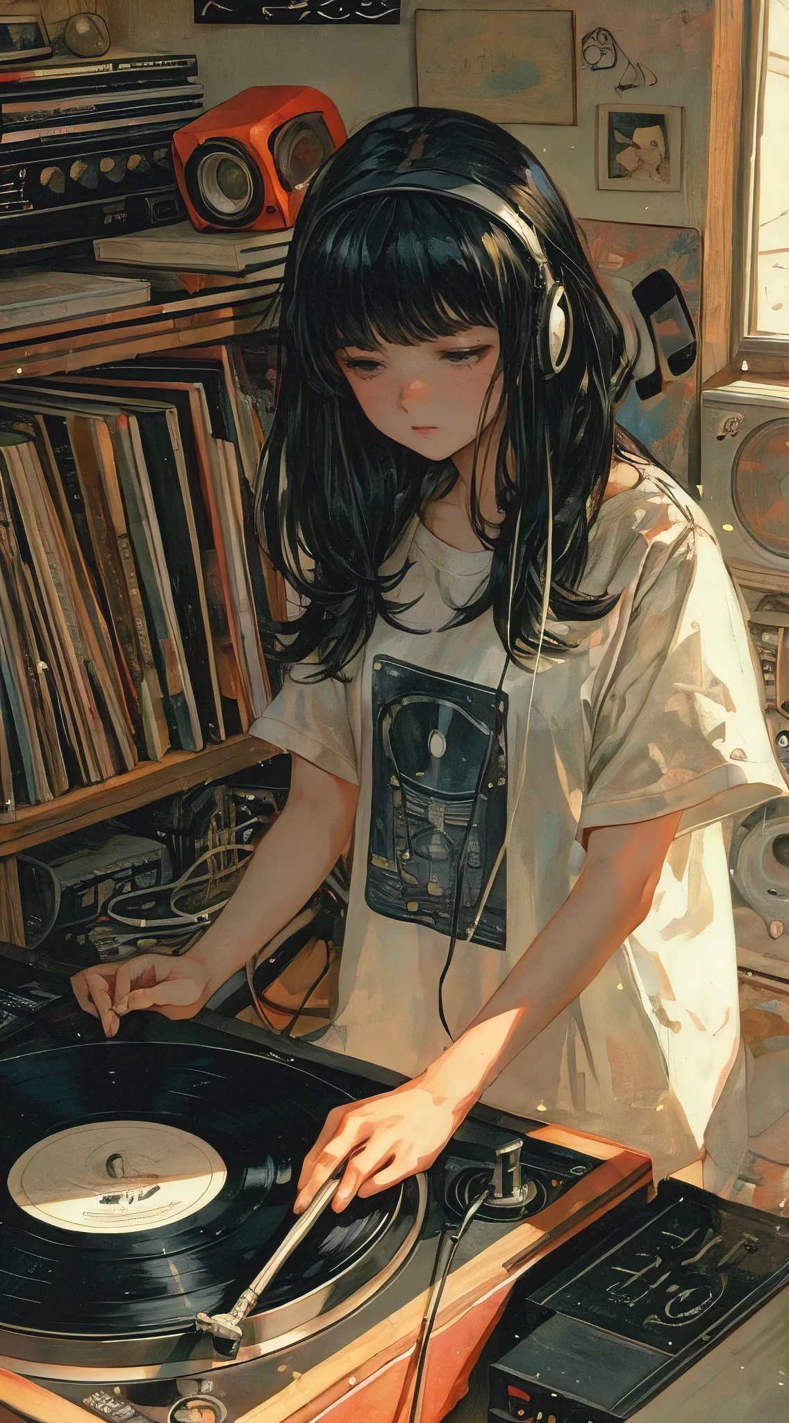 (best quality, masterpiece:1.2), 90s anime style, A girl is playing vinyl records on the turntable in her room. She has black hair and bangs that cover one eye, wearing an oversized T-shirt with short sleeves. The table where she plays the record lies at its edge, with the needle of the player resting between two records. On top there's an old music box shaped like a pear tree, in the style of Hayao Miyazaki, retro colors, highly detailed.
