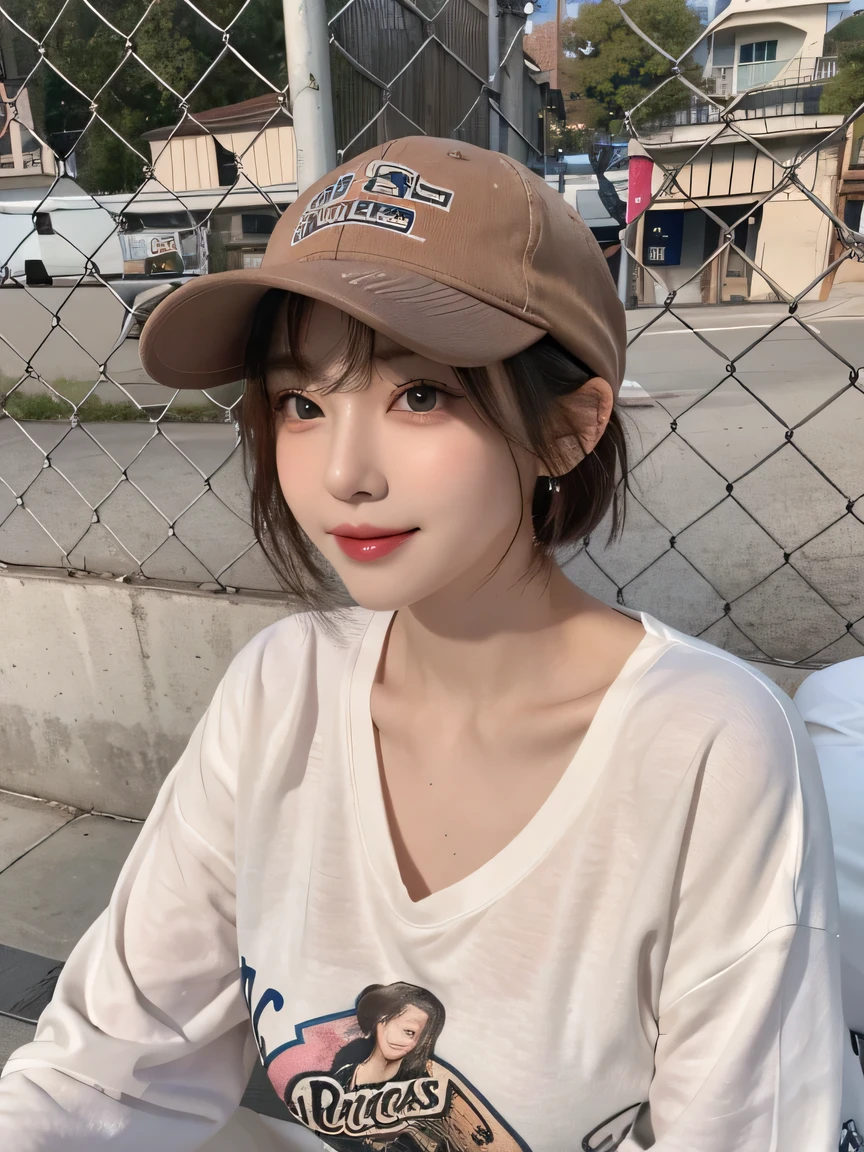 Best image quality、original photo、ultra high resolution、21 years old Korean、small breasts、dynamic angle、Cowboy shooting、The most beautiful form of chaos、elegant、Innovative design、bright colors、,light brown short hair、disheveled hair、light brown eyes 、black baseball cap(Facial expressionSmile)、short bob、Smile、Fair and shiny skin、beautiful eyes,random colors、The details are very beautiful、thin lips、Delicate and beautiful eyes、elongated eyes、Pale pink cheeks、long eyelashes、beautiful double eyelids、eye shadow、he、White Large T-shirt Sweatshirt、baggy pants、Shot from the side、sexy pose、enlarge