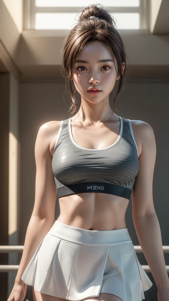 ((highest quality)), ((masterpiece)), (detailed:1.4), 。.。.。.3D, Beautiful images of women in sports bras and mini skirts,nffsw(high dynamic range),ray tracing,NVIDIA RTX,super resolution,unreal 5,Scattered beneath the surface,PBR texturing,post processing,anisotropic filtering,Depth of bounds written,maximum clarity and sharpness,multilayer texture,Albedo and specular maps,surface shading,Accurate simulation of light-matter interactions,perfect proportions,octane rendering,two-tone lighting,wide aperture,Low ISO、White balance、Rule of thirds、8K students、((Englishman))(((sports bra,mini skirt)))(((brown hair)))