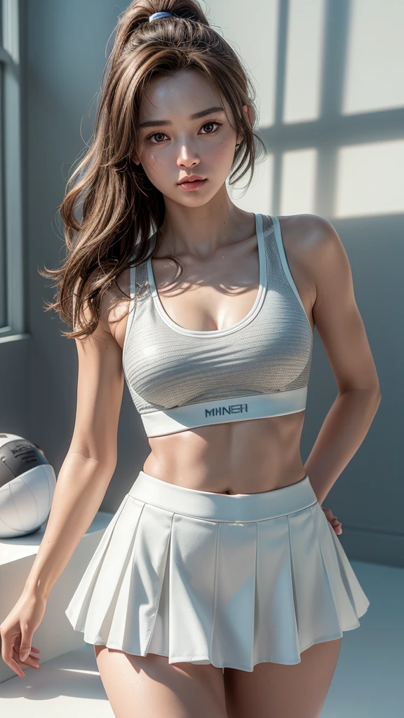 ((highest quality)), ((masterpiece)), (detailed:1.4), 。.。.。.3D, Beautiful images of women in sports bras and mini skirts,nffsw(high dynamic range),ray tracing,NVIDIA RTX,super resolution,unreal 5,Scattered beneath the surface,PBR texturing,post processing,anisotropic filtering,Depth of bounds written,maximum clarity and sharpness,multilayer texture,Albedo and specular maps,surface shading,Accurate simulation of light-matter interactions,perfect proportions,octane rendering,two-tone lighting,wide aperture,Low ISO、White balance、Rule of thirds、8K students、((Englishman))(((sports bra,mini skirt)))(((brown hair)))