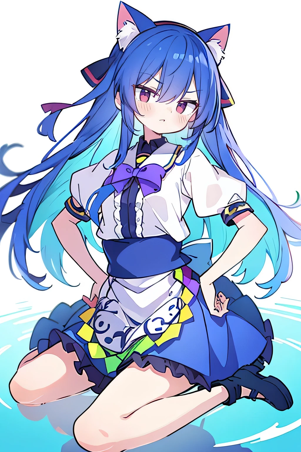 (masterpiece),best quality, expressive eyes, perfect face, 1girl,
 Put your hands on your waist,fair, Gorgeous,Japanese cartoons,girl,lola,Hina Angel, blue hair, blue haired, floating clothes,Grab your waist, Grab your waist, hands on hips , hands on hips,sit, sit on ground, Legs on the ground, flat chest,cat ears,dark blue eyes,