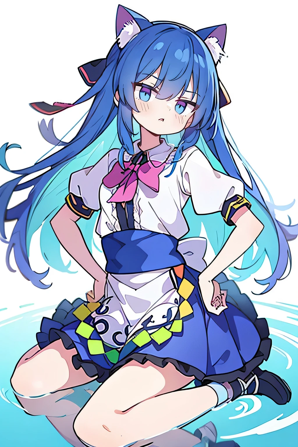(masterpiece),best quality, expressive eyes, perfect face, 1girl,
Put your hands on your waist,fair, Gorgeous,Japanese cartoons,girl,lola,Hina Angel, blue hair, blue haired, floating clothes,Grab your waist, Grab your waist, hands on hips , hands on hips,sit, sit on ground, Legs on the ground, flat chest,cat ears,dark blue eyes,