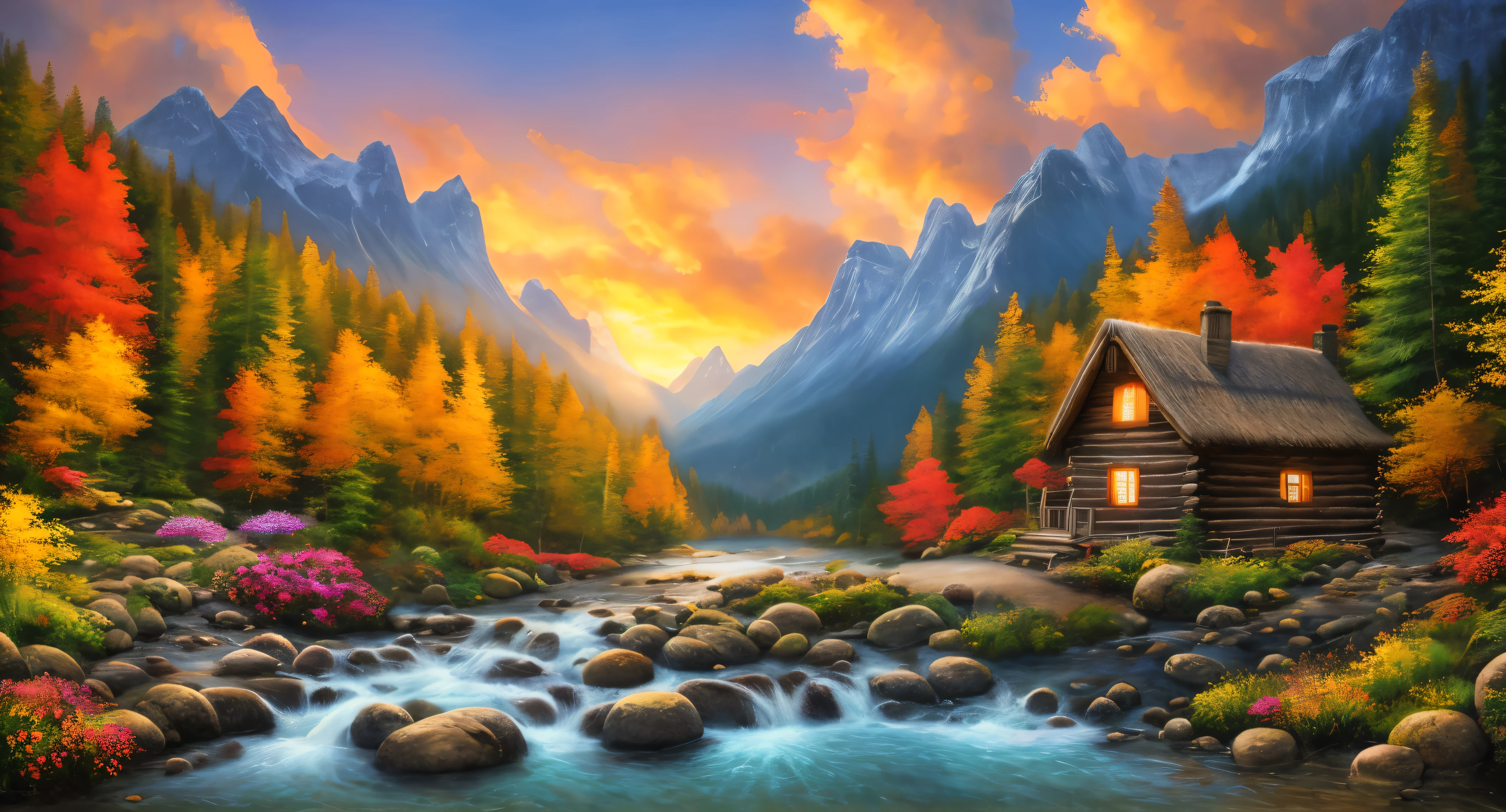 painting of a cabin in a mountain valley with a stream running through it, beautiful art uhd 4 k, background artwork, detailed painting 4 k, 8k high quality detailed art, 4k highly detailed digital art, scenery art detailed, 4 k hd wallpaper illustration, landscape wallpaper, amazing wallpaper, dream scenery art, scenery wallpaper, 4 k hd wallpaper very detailed