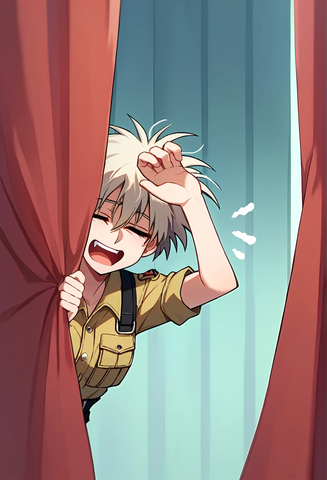 score_9_up score_8_up score_7_up, 1girl hellsing, messy hair, seras, just woke up, tired,  yawn, peeking out, curtains, smile
