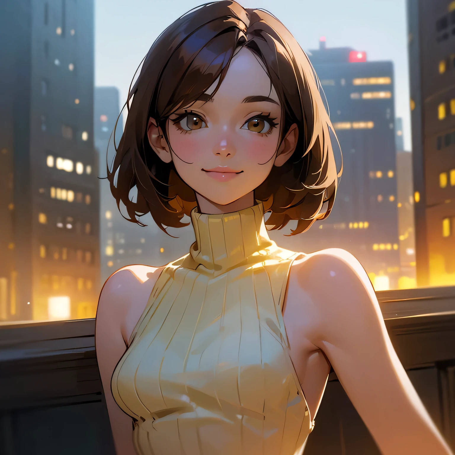 (Best quality, dynamic lighting, highly detailed, HDR) Brown haired young woman, mature, beautiful, bob hair, brown eyes, slim, medium-small breasts, topless, yellow knitted turtleneck, sleeveless, bare shoulder, smiling, head shot, portrait, city background.