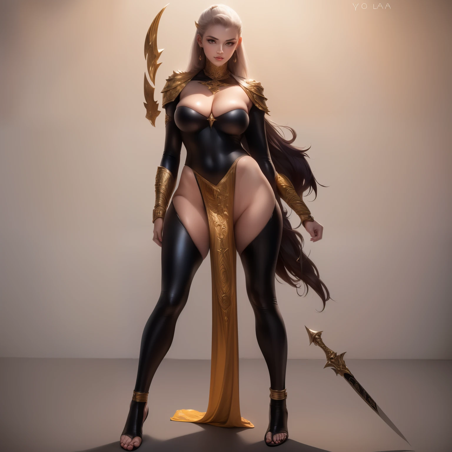 um close de uma pessoa com uma espada e um vestido, lutadora do deserto antigo mago, 3D rendering of a shaman, personagem de fantasia hiperdetalhado, Epic 3D Yemaya, manto de mago baseado em um tucano, Egyptian storm goddess, maga da terra feminina, peacock wizard themed clothing, epic 3d oshun, Djinn Human Hybrid,((a deep reddish wound crosses her left cheek))),(red yellow blue triadic color scheme),(( super strong )), (look at viewer:1.2) (skin texture) (film grain:1.3), ([cabelos longos]:1.8), (corpo todo:1.8), (standing full body image:1.8), (Parte superior do corpo para cima:0.3), (hiper-realista:1.4), (realista:1.3), (pele com textura real da melhor qualidade), (O Anjo Guerreiro Celestial do Senhor: 1.6), Close Friends, (They are embraced:1.2),(Detailed iridescent  with beautiful fractal or marble design:1.5), (Lindo e delicado rubi, topaz, joias de esmeraldas e safiras:1.6), (pernas abertas:1.4), ( aberta:1.4), (Sorriso :1.2), (atrevido:1.2), (Imoral:1.2), (small  with beautiful raised pink :1.5), (), (Expression of :1.2), (Fundo de natureza incrivelmente bonito:1.6), (18 anos de idade:1.5), ( e glamoroso:1.5), (corpo todo), ( pose:1.5), (Sobrancelhas espessas:1.2), (grandes olhos roxos:1.2), (olhos ultra detalhados:1.4), (high resolution eyes:1.1), (textura de pele ultra detalhada:1.4), (Belo corpo tonificado:1.1), arco de cabelo, (Moist skin:1.1), (rosto sensual:1.5), ([cabelos longos]:1.8), (standing full body image:1.8), ([cabelos longos]:1.8), (corpo todo:1.8), (Melhor qualidade, 4K, 8k, A high resolution, obra de arte:1.2), ((mudar)), ((18 anos)),((Best quality)), ((masterpiece)), (detailed:1.4), 3D,Cavaleiro DOURADO,),(closed mouth), extremely , gigantic , beautiful detailed eyes, ((full body)),standing , , cute,(8k, best quality, masterpiece:1.2), (realistic, photo-realistic:1.37),chrome armor,chrome mini shirt,Beautiful woman