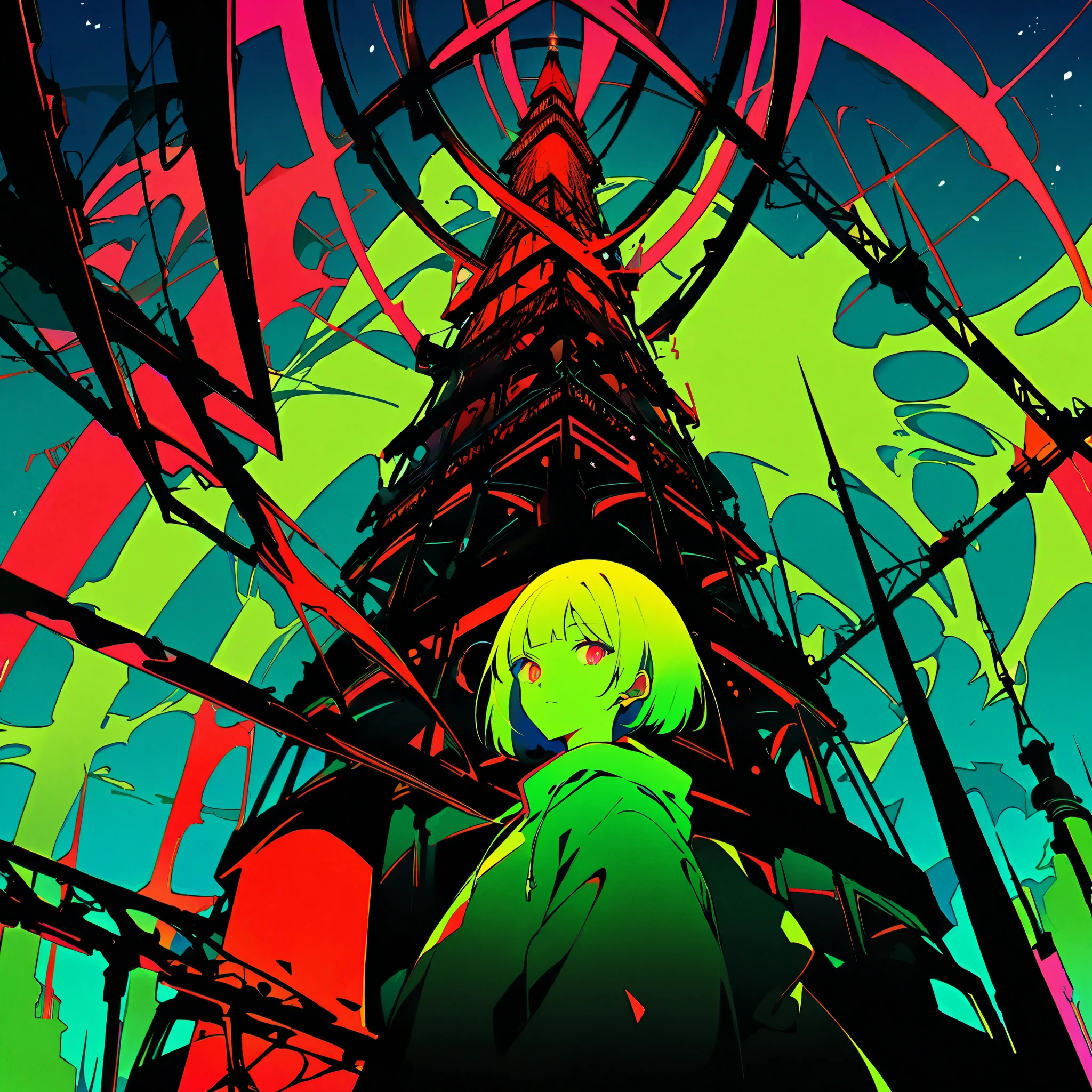 tower focus, a big iron tower, 1girl, (detail glowing red eyes:1.5), Silver bob Cut, Standing at the top of the tower, solo, headphones, hoodie, green theme, low saturation, darkness, abstract background, (looking the view:1.5), from below, silhouette, Surrealism, UHD, super detail, best quality, highres