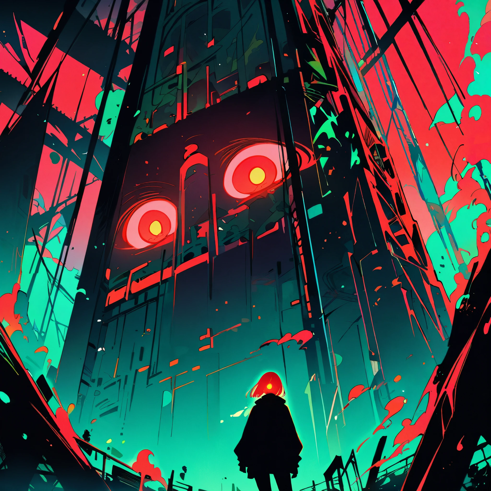 tower focus, a big iron tower, 1girl, (detail glowing red eyes:1.5), Silver bob Cut, Standing at the top of the tower, solo, headphones, hoodie, green theme, low saturation, darkness, abstract background, (looking the view:1.5), from below, silhouette, Surrealism, UHD, super detail, best quality, highres