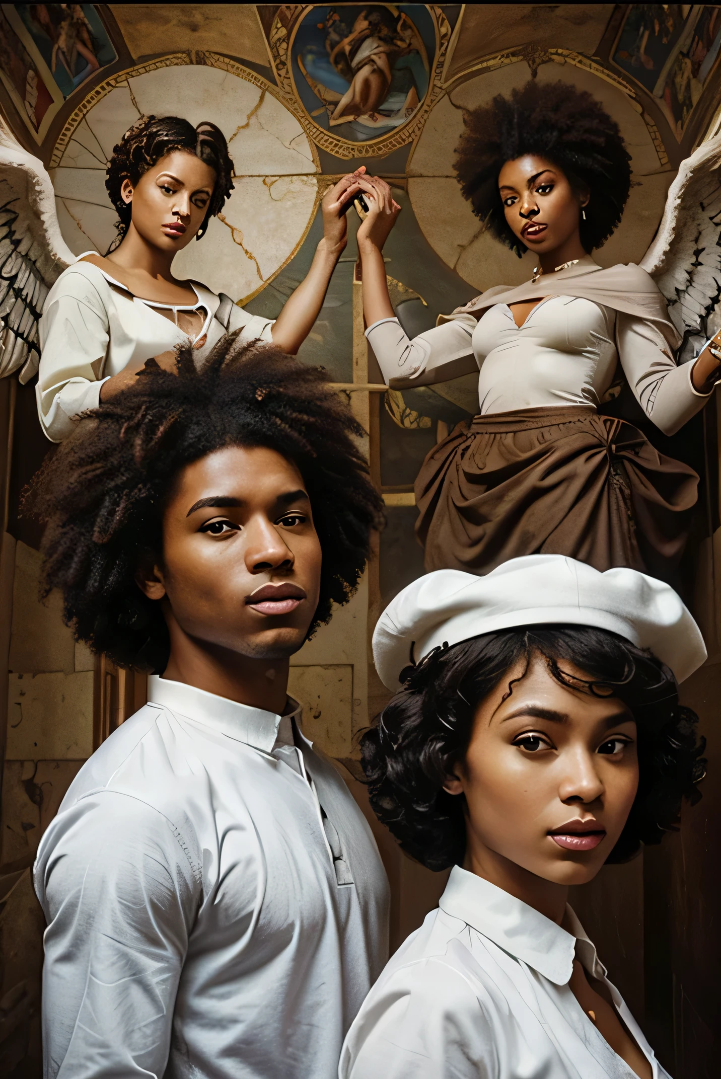 Highly detailed Sistine Chapel style painting of contemporary urban dressed Afro descent dark skineed men and women with Afro-descent angels floating above them