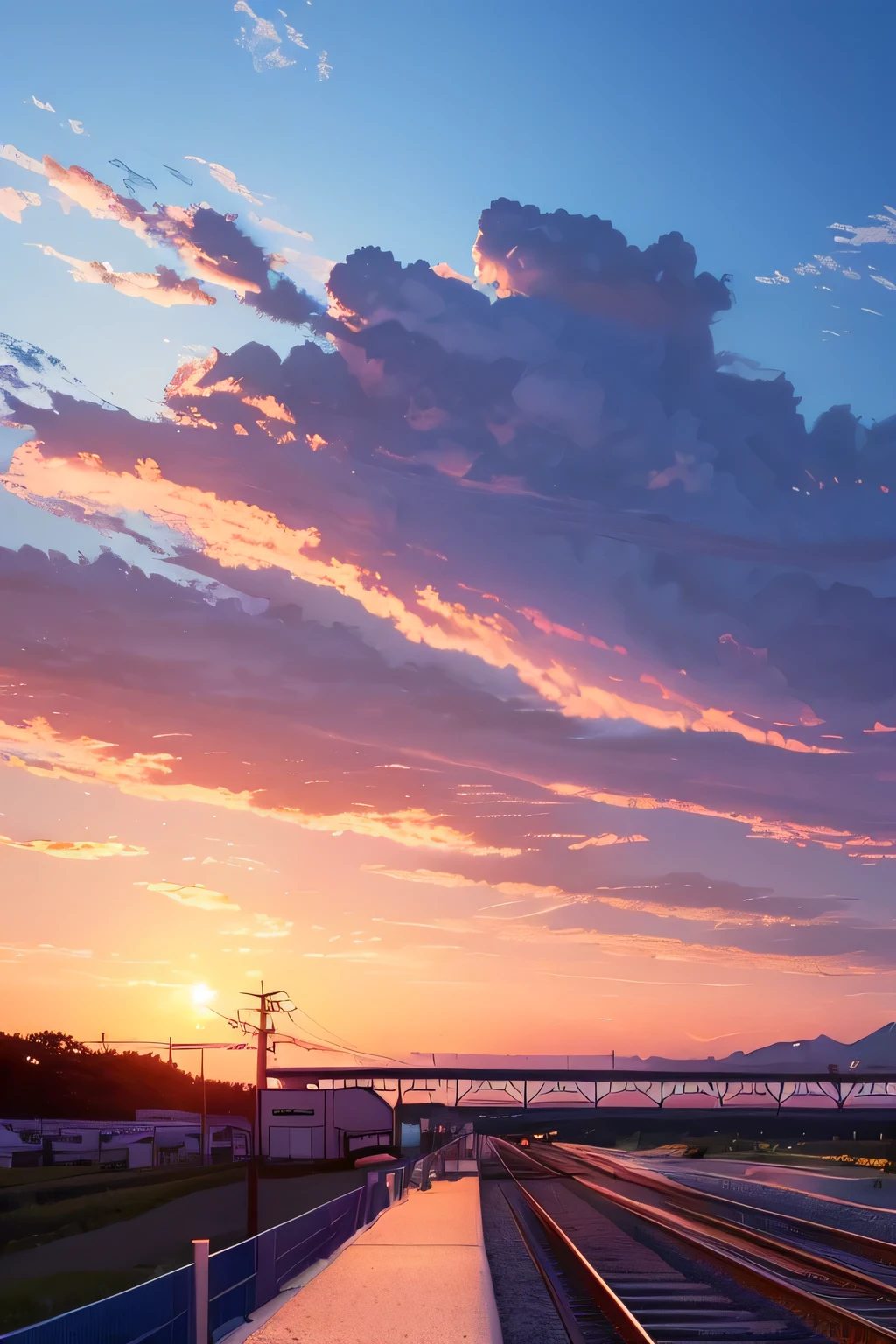 anime scene of a train passing under a blue and red sky, an anime drawing by Makoto Shinkai, trending on pixiv, magical realism, beautiful anime scene, cosmic skies. by makoto shinkai, ( ( makoto shinkai ) ), by makoto shinkai, anime background art, style of makoto shinkai