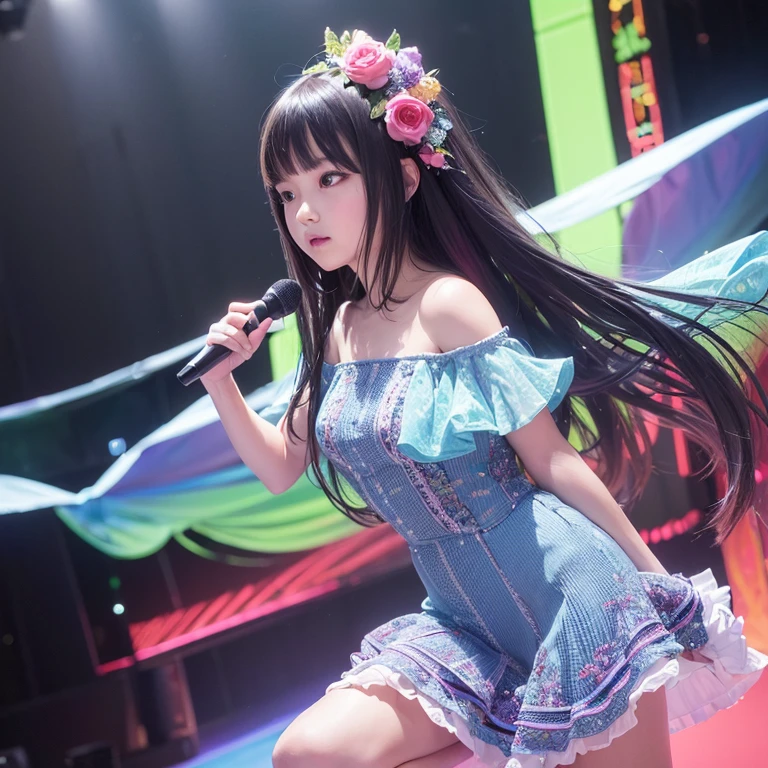 (((full medium shot))), (Masterpiece, photorealistic, photorealism, best quality, ultra-detailed:1.3), (nice hands, perfect hands), official art, cinematic light, (1girl:1.3), adult, K-pop idol, beautiful, looking at viewer, action pose, Tiered ruffle maxi dress, on stage, live performance, glowing particles, floral, aesthetic, beautiful color, rich color, vivid color, prismatic colors, illusionism, detailed, Shine colorful