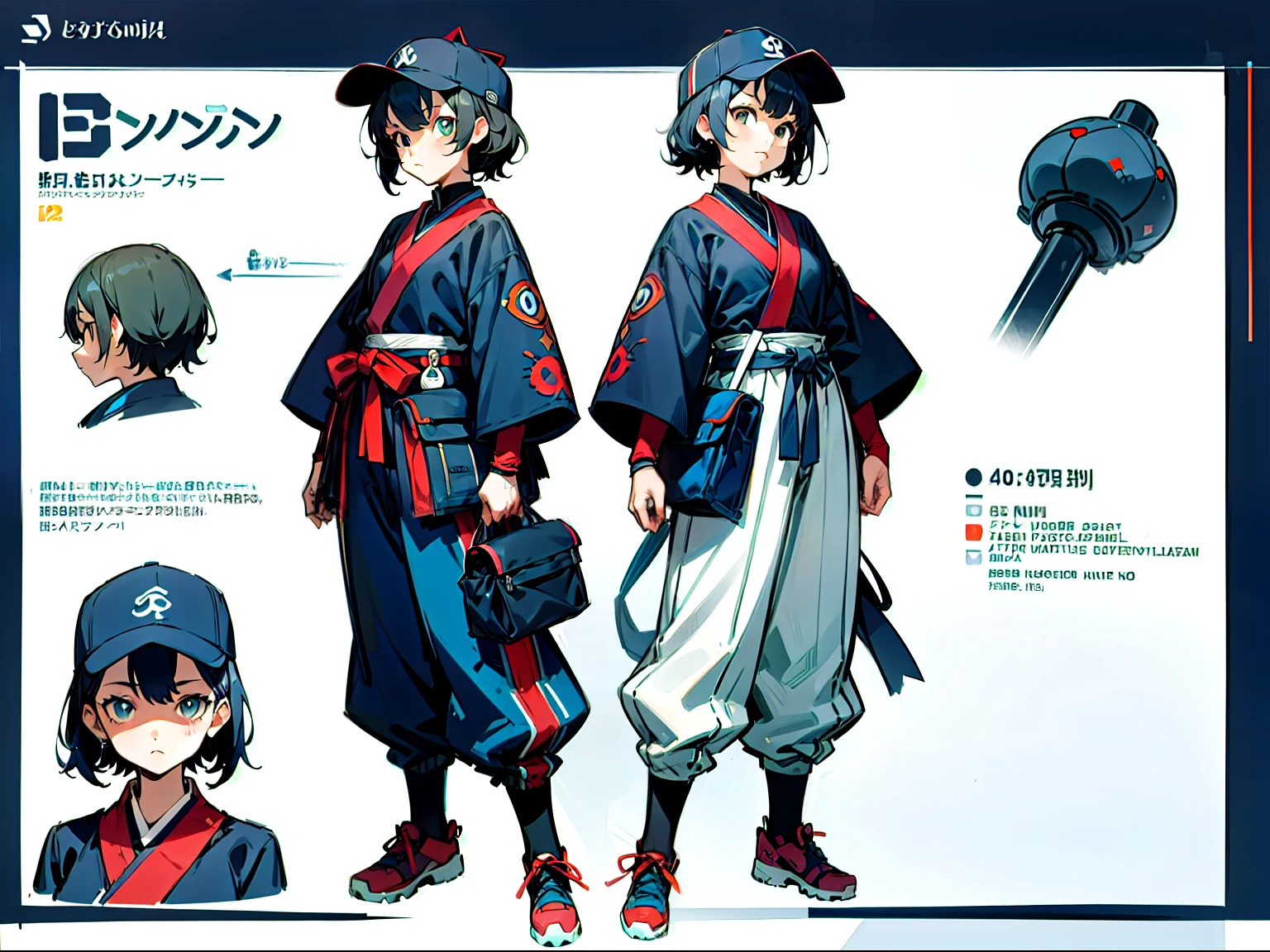 ((Masterpiece, Highest quality)), Detailed face, character sheets, full body, Full of details, Multiple poses and expressions, front view,side view,backview, character sheet,Highly detailed, Depth, Many parts,Sci-fi female anime character wearing baseball uniform, 1 person, baseball hat, world1beautiful girl, Ainu traditional costume style, Baggy pants style,anime moe art style, anime girl, young anime woman, Kim Hyun Tae Illustration style,Shigeki Soejima Illustration style(Persona), TRIGGER Animation Styles, baseball Ground, high quality
