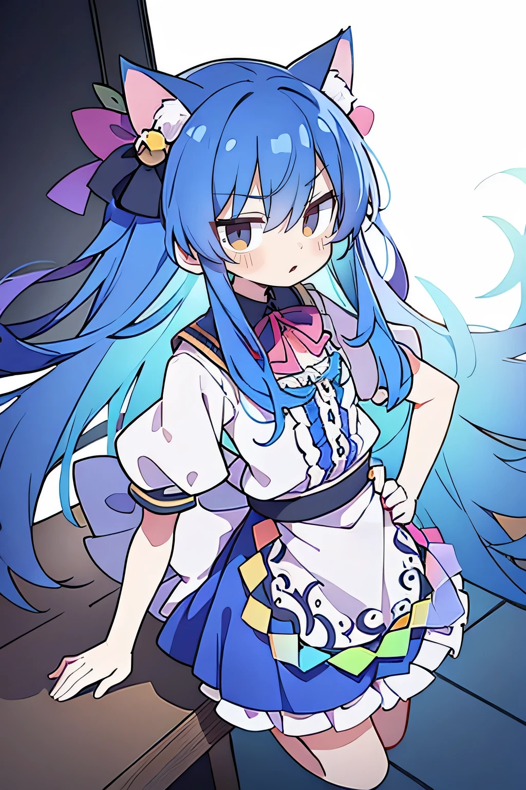(masterpiece),best quality, expressive eyes, perfect face, 1girl,
 Put your hands on your waist,fair, Gorgeous,Japanese cartoons,girl,lola,Hina Angel, blue hair, blue haired, floating clothes,Grab your waist, Grab your waist, hands on hips , hands on hips,sit, sit on ground, Legs on the ground, flat chest,cat ears,dark blue eyes,