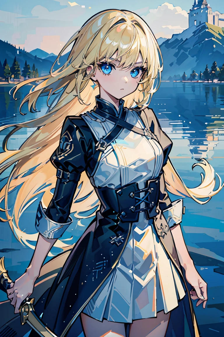 ((1 girl)), (Detailed and clear face) ,cool woman,Rough poses, warrior,Moonlight night, Standing in the lake, ,(Holding a long sword)Arondight, sad expression, similarly, new, (cowboy shot),((Super detailed,highest quality, High resolution, 8k wallpaper, 美new服,)),((blonde, long hair,messy hair)), blown by the wind, eye shadow, eyeliner,Glow eye, reflected lightの美new目, ((shining blue eyes)), 18 year old girl,five fingers,eye shadow, eyeliner,Glow eye, 16 year old girl, romanticism, modern art, Impressionism, reflected light, 8K, masterpiece, advanced details, highest quality, accurate anatomy, five fingers