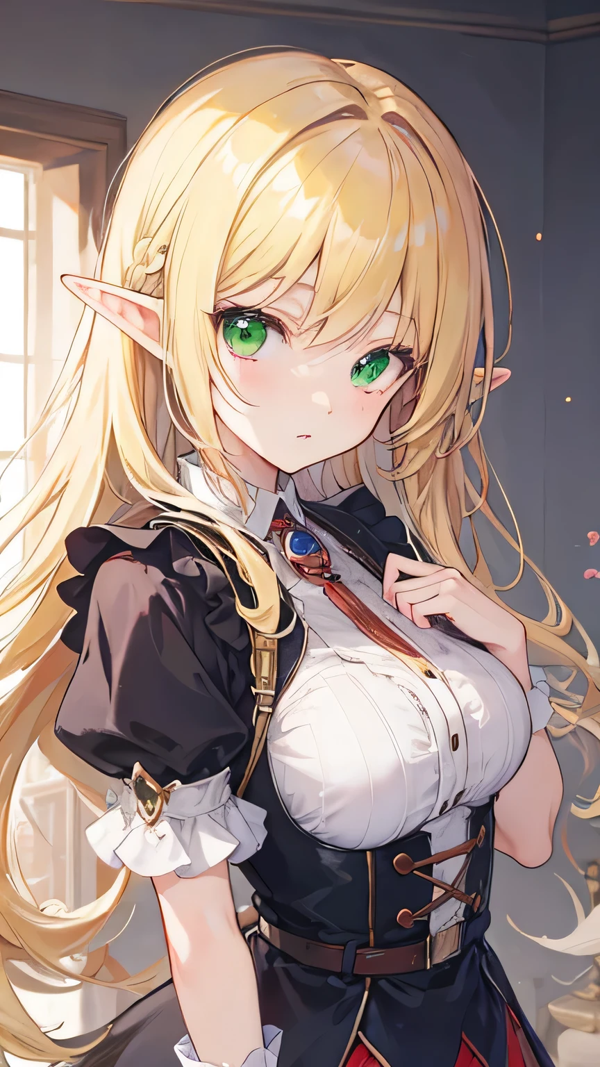 beautiful anime elf girl, blonde hair, green eyes, , ((masterpiece)), ((best quality))