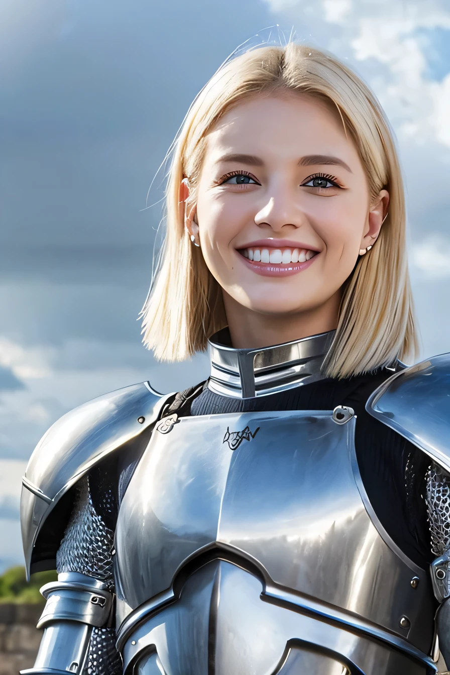 K、highest quality、female knight、The background is a castle、Luxurious Silver Armor、heavy equipment、hairstyle short cut、smile、beautiful teeth、full body photo、ear piercing、white woman、blonde hair、blue eyes、Gummy Smile、The background is a cloudy sky、heavy makeup