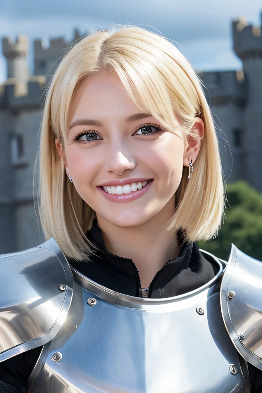 Ｋ、highest quality、female knight、The background is a castle、Luxurious Silver Armor、heavy equipment、hairstyle short cut、smile、beautiful teeth、full body photo、ear piercing、white woman、blonde hair、blue eyes、Gummy Smile、The background is a cloudy sky、heavy makeup