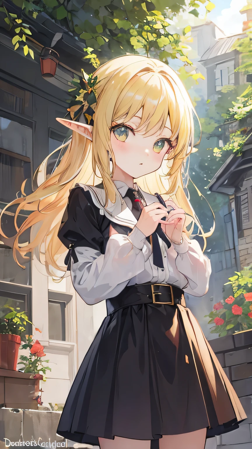 cute anime elf girl, blonde hair, amber eyes, , ((masterpiece)), ((best quality))