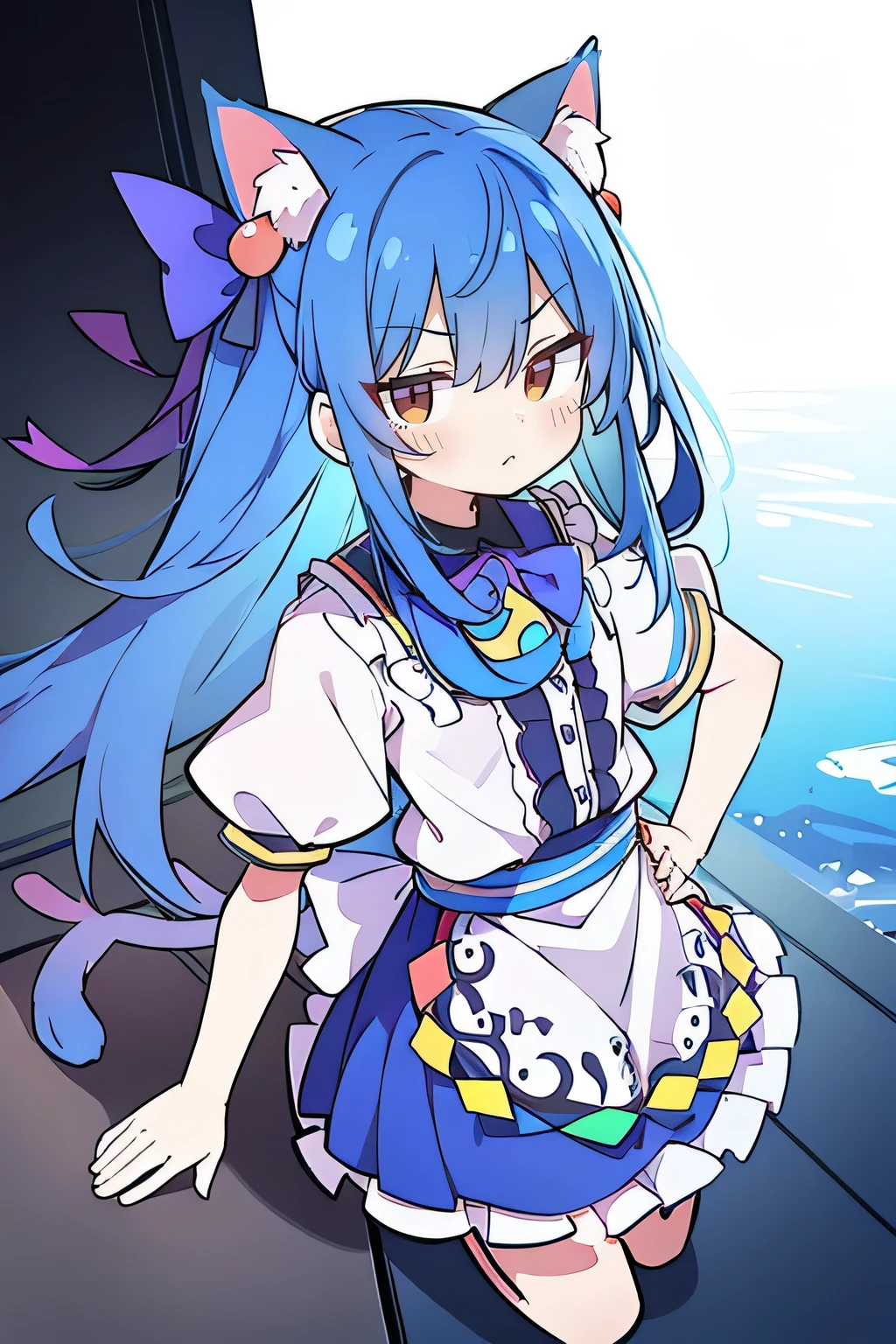 (masterpiece),best quality, expressive eyes, perfect face, 1girl,
Put your hands on your waist,fair, Gorgeous,Japanese cartoons,girl,lola,Hina Angel, blue hair, blue haired, floating clothes,Grab your waist, Grab your waist, hands on hips , hands on hips,sit, sit on ground, Legs on the ground, flat chest,cat ears,dark blue eyes,