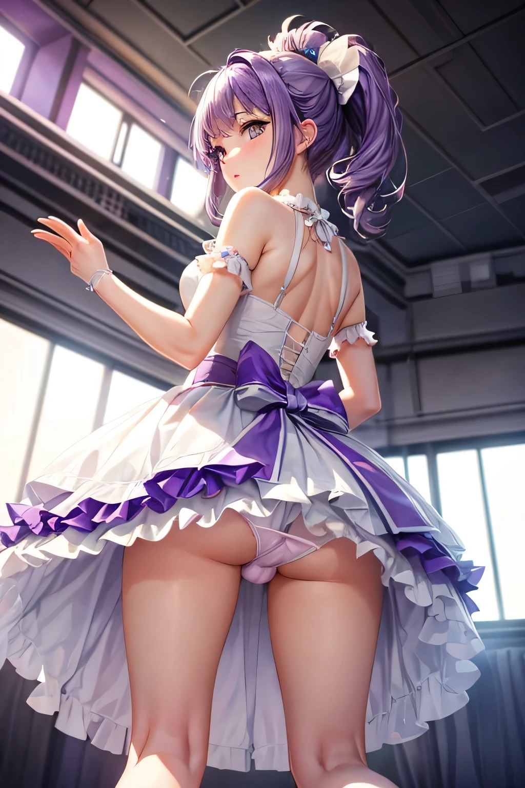 white tutu、( shot)、Beauty ballerina、Purple hair short ponytail、((whole body))、(((photo taken from below)))、theater