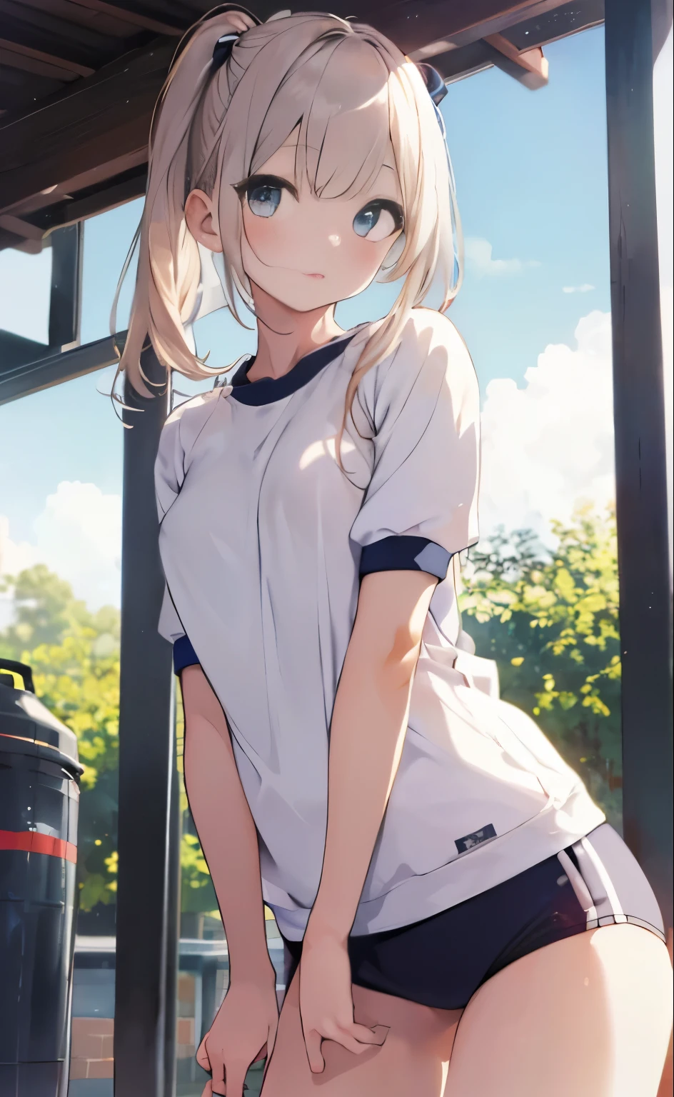 super detailed、High resolution、Super beauty highest quality、8Kのmasterpiece, highest quality, real image, intricate details, The super detailed, 超A high resolution, depth field,(Photoreal,realistic:1.2),masterpiece, 0.25 :: Close-up , shot from the front ,positive、 Upskirt,((1 girl))),Girl in gym clothes、,outside the house、playground、(highest qualityのイラスト:1.2), (pretty girl:1.1), (1 girl, solo:1.5), (1 girl、、highly detailed eyes:1.2)、(small 、small breasts)、perfect shiny skin, perfect skin, pure white skin, small breasts,, thin waist, light blush, solo, looking at the viewer, troubled face, Perfect five-finger, chubby under clothes、