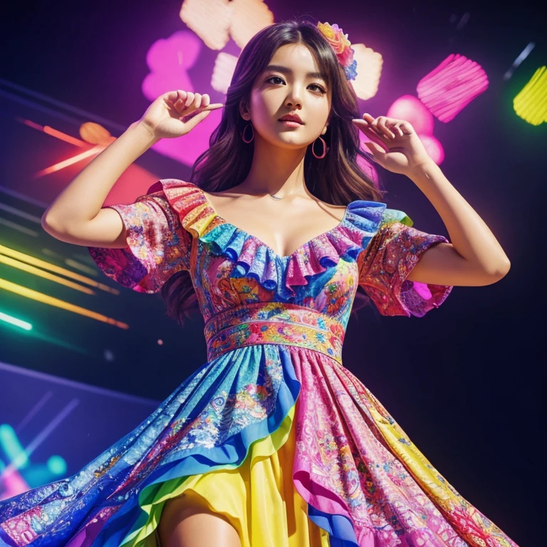 (((full medium shot))), (Masterpiece, photorealistic, photorealism, best quality, ultra-detailed:1.3), (nice hands, perfect hands), official art, cinematic light, (1girl:1.3), adult, K-pop idol, beautiful, looking at viewer, action pose, Tiered ruffle maxi dress, on stage, live performance, glowing particles, floral, aesthetic, beautiful color, rich color, vivid color, prismatic colors, illusionism, detailed, Shine colorful