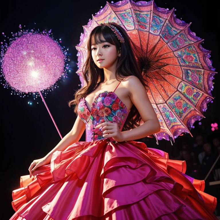 (((full medium shot))), (Masterpiece, photorealistic, photorealism, best quality, ultra-detailed:1.3), (nice hands, perfect hands), official art, cinematic light, (1girl:1.3), adult, K-pop idol, beautiful, looking at viewer, action pose, Tiered ruffle maxi dress, on stage, live performance, glowing particles, floral, aesthetic, beautiful color, rich color, vivid color, prismatic colors, illusionism, detailed, Shine colorful
