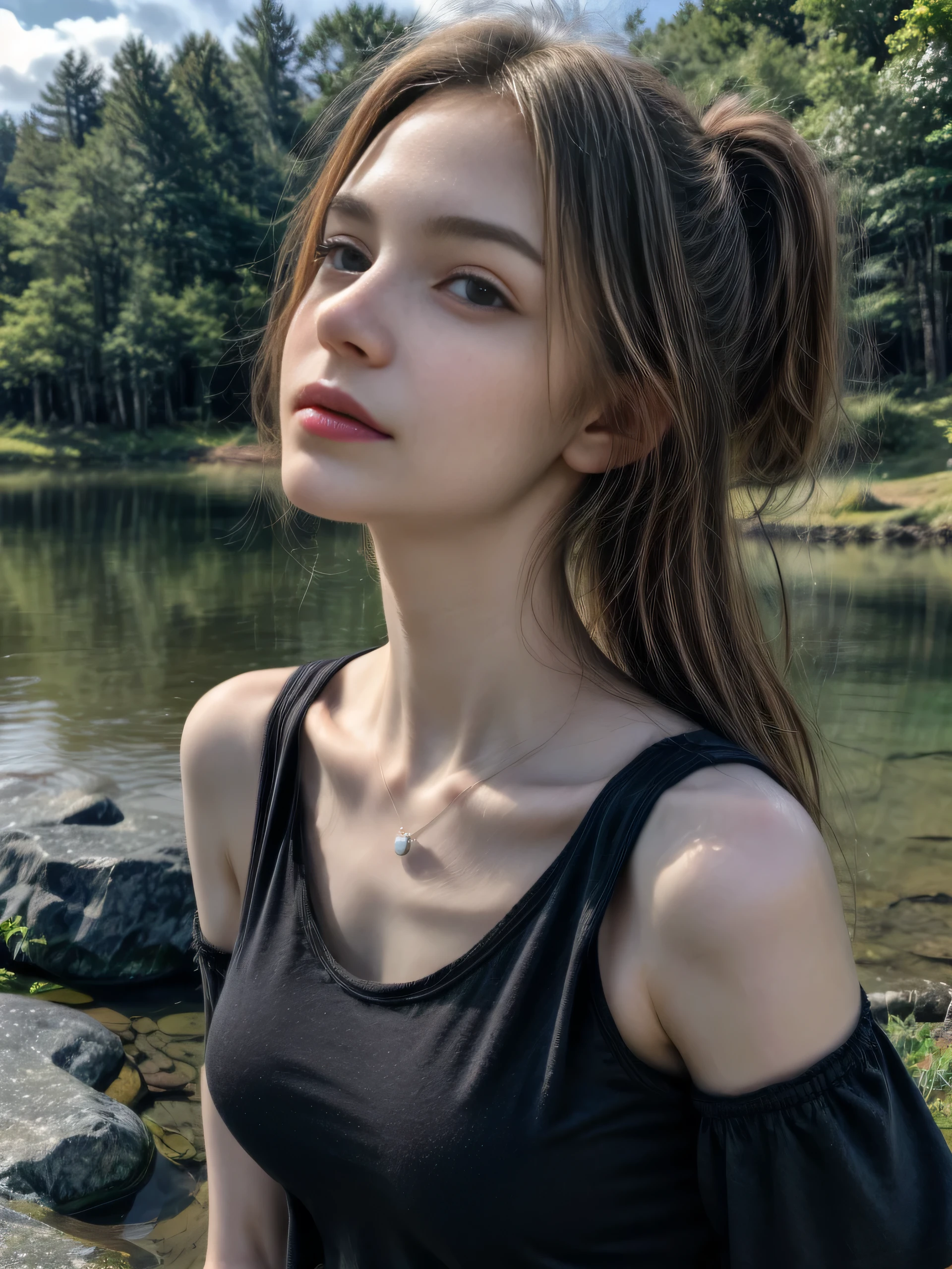 (Masterpiece, best quality, highres:1.3), from side, crisp focus, close-up portrait, solo, nice charming girl, slender feminine appearance, flat abdomen, flawless skin, cleavages, ponytail hair, detailed hair strands, delicate gorgeous face, attractive look, ((wearing hiking outfit, black tank top. cargo pants. pendant)), outdoor, camping near the lake, tents, nature lake in deep forest, turn face upward, smirking, ((realism, super realistic, realistic detail))