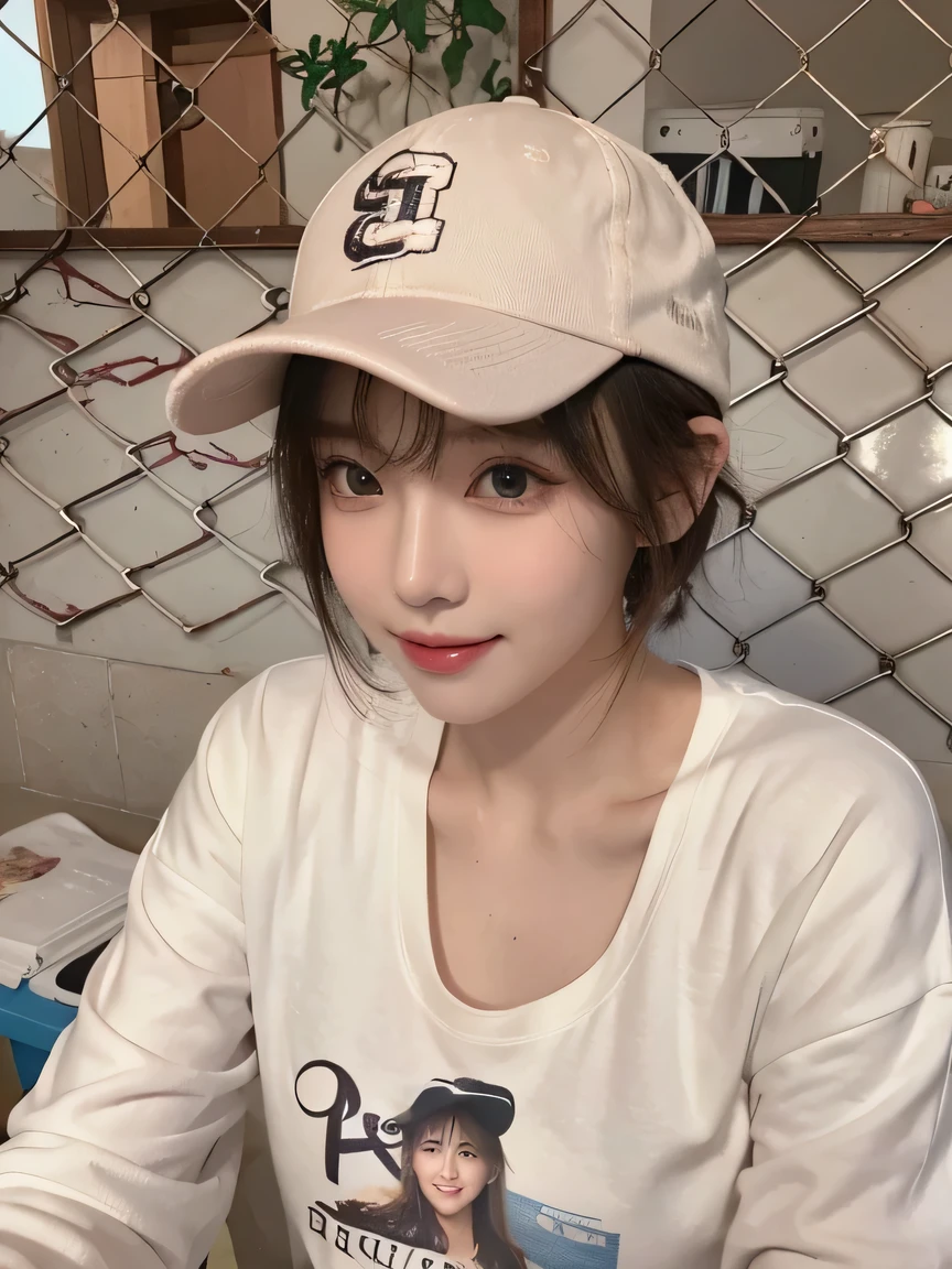 Best image quality、original photo、ultra high resolution、21 years old Korean、small breasts、dynamic angle、Cowboy shooting、The most beautiful form of chaos、elegant、Innovative design、bright colors、,light brown short hair、disheveled hair、light brown eyes 、black baseball cap(Facial expressionSmile)、short bob、Smile、Fair and shiny skin、beautiful eyes，random colors、The details are very beautiful、thin lips、Delicate and beautiful eyes、elongated eyes、Pale pink cheeks、long eyelashes、beautiful double eyelids、eye shadow、he、White Large T-shirt Sweatshirt、baggy pants、Shot from the side、sexy pose、enlarge