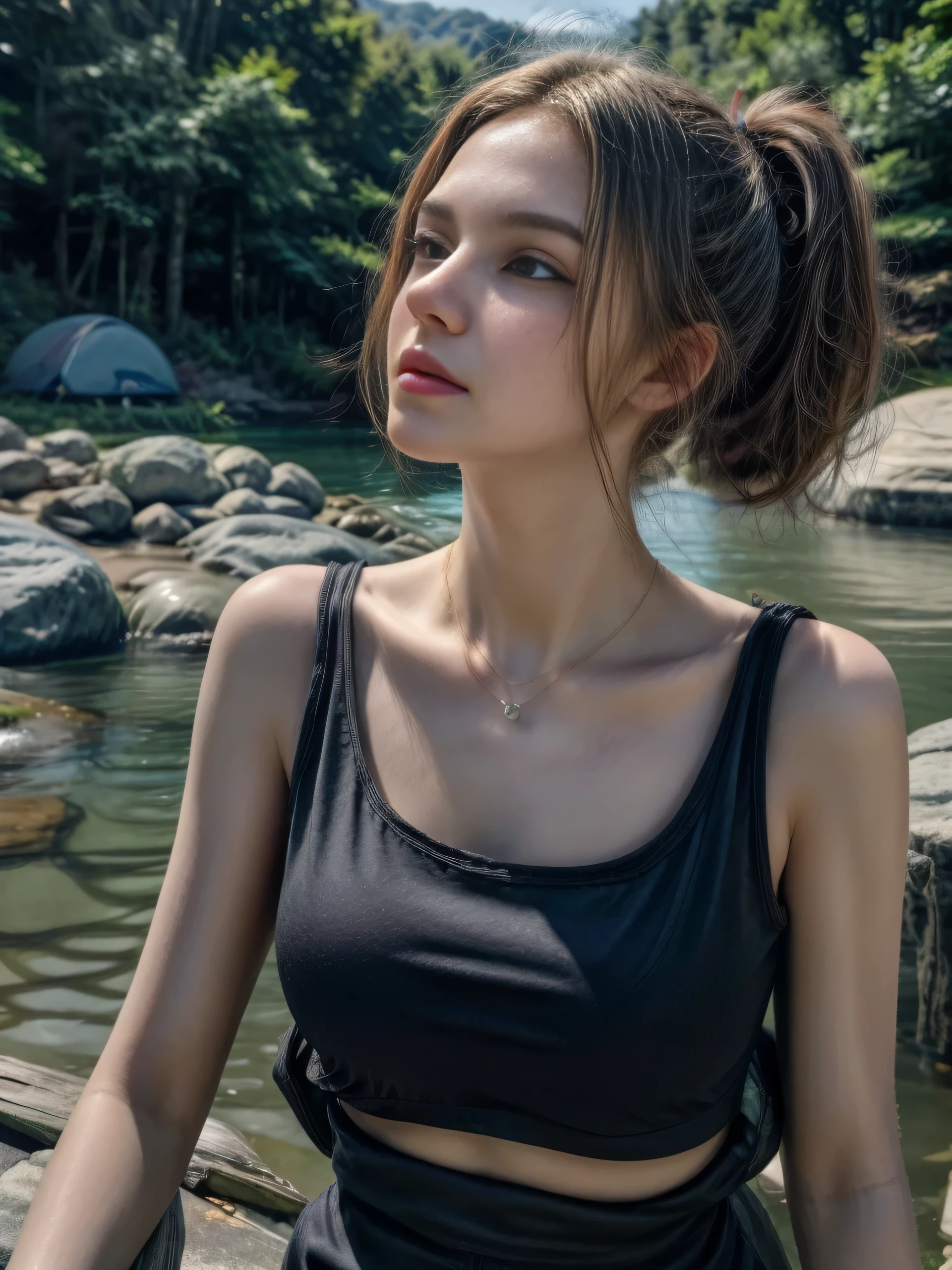 (Masterpiece, best quality, highres:1.3), from side, crisp focus, close-up portrait, solo, nice charming girl, slender feminine appearance, flat abdomen, flawless skin, cleavages, ponytail hair, detailed hair strands, delicate gorgeous face, attractive look, ((wearing hiking outfit, black tank top. cargo pants. pendant)), outdoor, camping near the lake, tents, nature lake in deep forest, turn face upward, smirking, ((realism, super realistic, realistic detail))