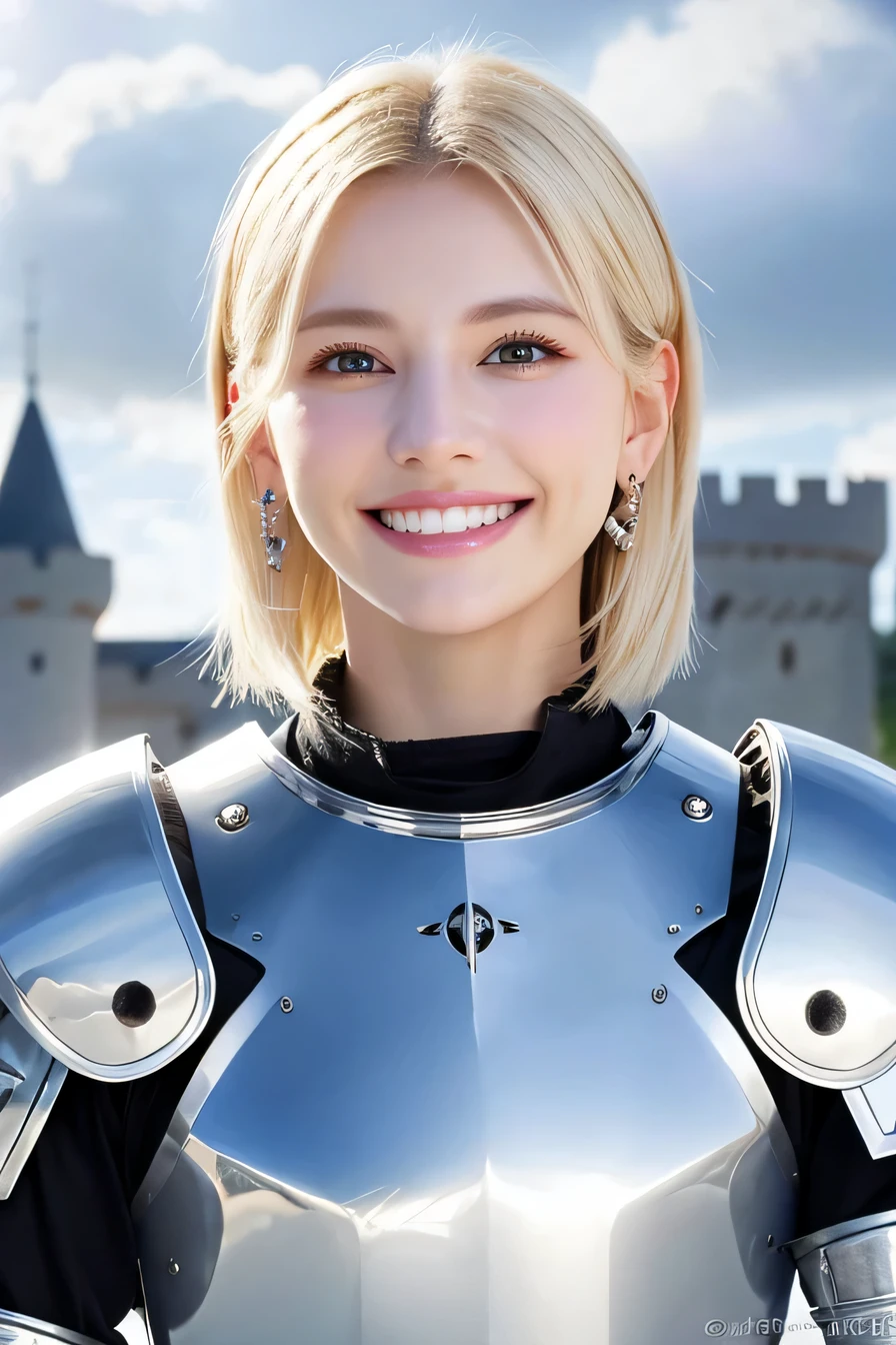 K、highest quality、female knight、The background is a castle、Luxurious Silver Armor、heavy equipment、hairstyle short cut、smile、beautiful teeth、full body photo、ear piercing、white woman、blonde hair、blue eyes、Gummy Smile、The background is a cloudy sky、heavy makeup