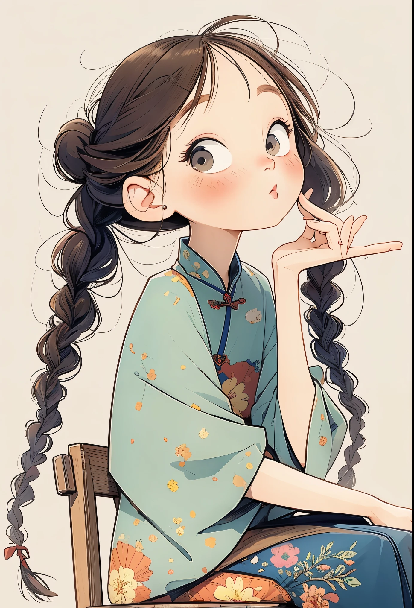 (masterpiece, best quality:1.2), watercolor painting，cartoonish character design。1 girl, alone，big eyes，Cute expression，Two little braids，cheongsam，portrait，interesting，interesting，clean lines，Leave blank，
