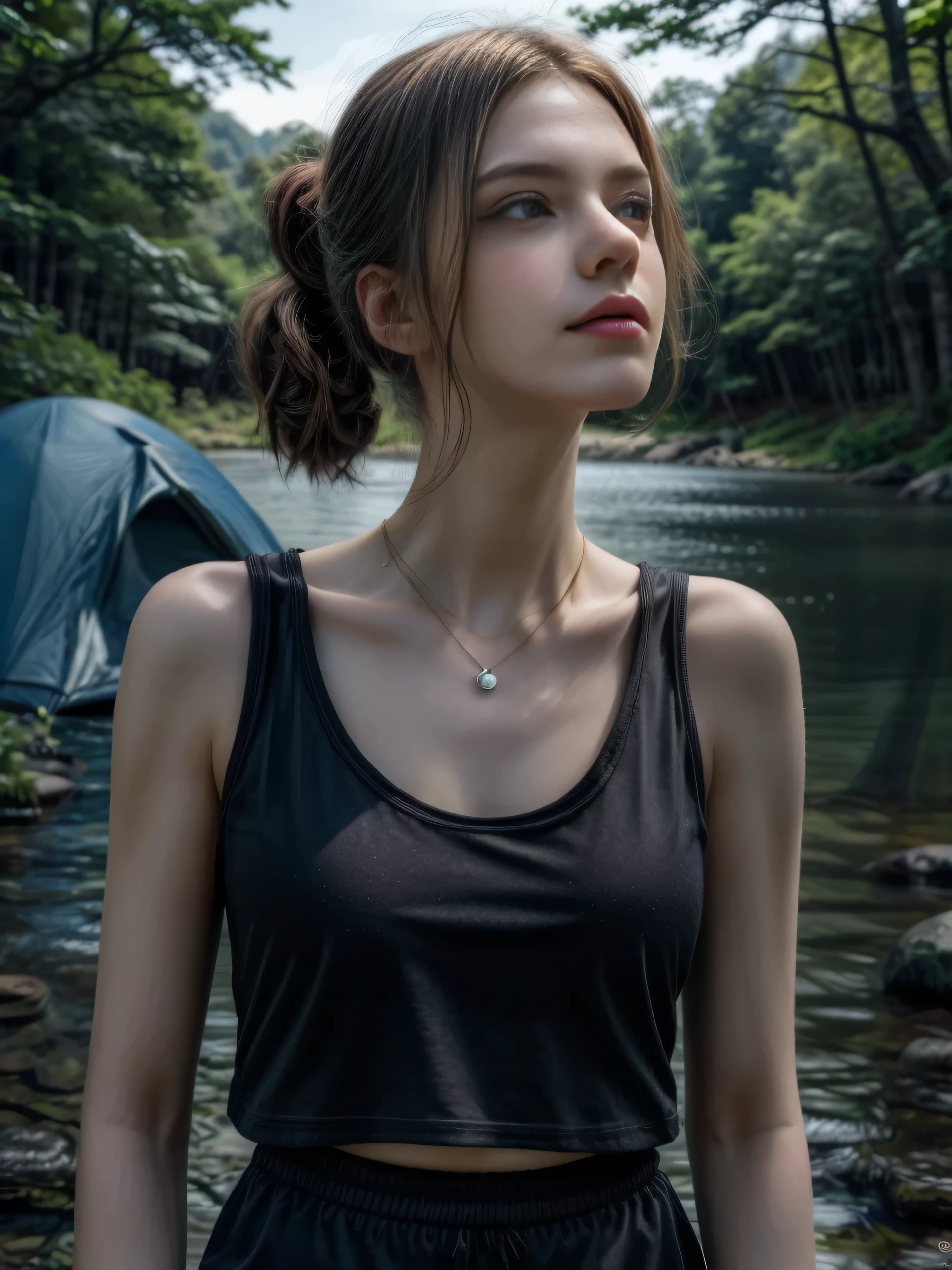 (Masterpiece, best quality, highres:1.3), from side, crisp focus, close-up portrait, solo, nice charming girl, slender feminine appearance, flat abdomen, flawless skin, cleavages, ponytail hair, detailed hair strands, delicate gorgeous face, attractive look, ((wearing hiking outfit, black tank top. cargo pants. pendant)), outdoor, camping near the lake, tents, nature lake in deep forest, turn face upward, smirking, ((realism, super realistic, realistic detail))