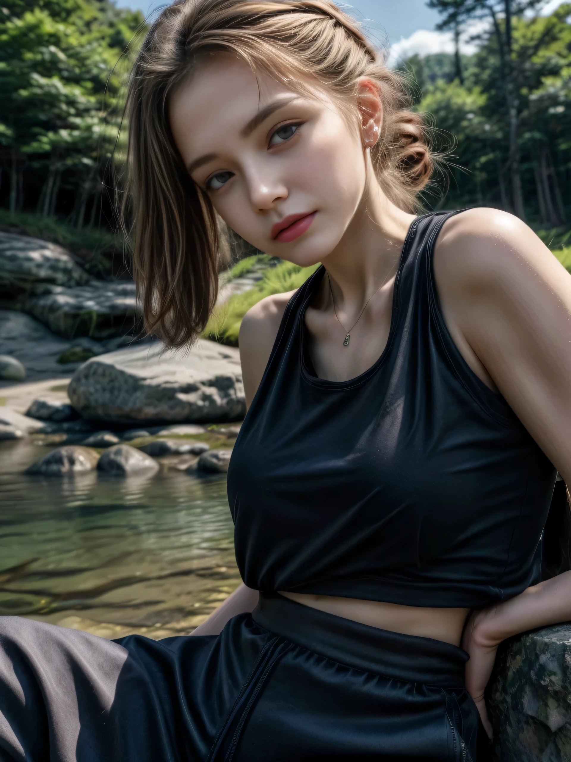 (Masterpiece, best quality, highres:1.3), from side, crisp focus, close-up portrait, solo, nice charming girl, slender feminine appearance, flat abdomen, flawless skin, cleavages, ponytail hair, detailed hair strands, delicate gorgeous face, attractive look, ((wearing hiking outfit, black tank top. cargo pants. pendant)), outdoor, camping near the lake, tents, nature lake in deep forest, turn face upward, smirking, ((realism, super realistic, realistic detail))