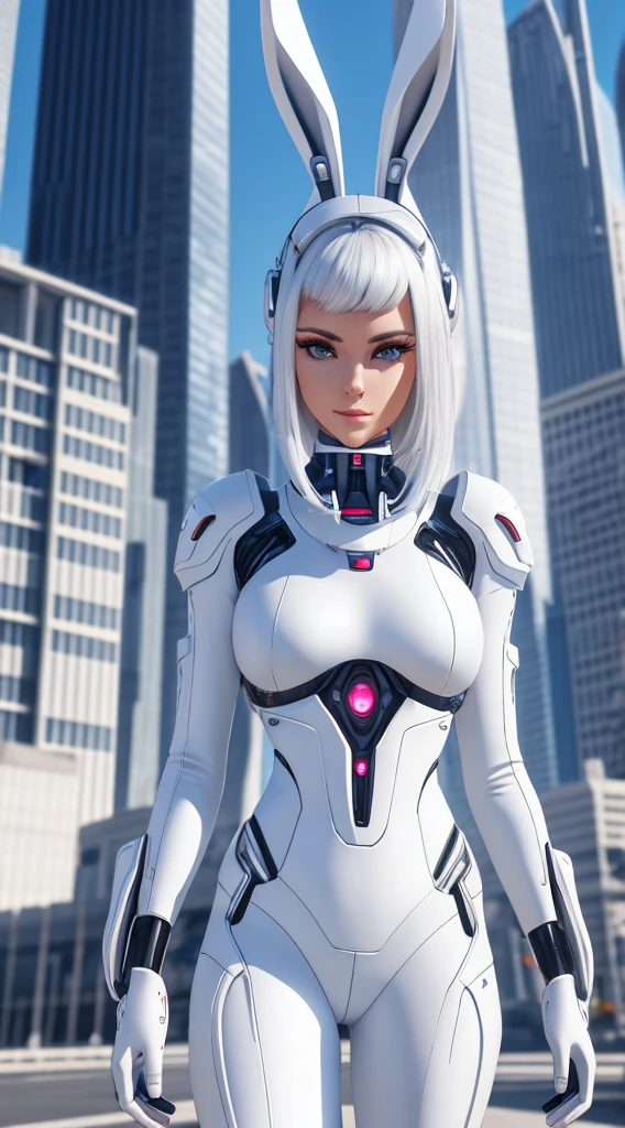 Arad woman in white dress，Rabbit ears and city background, fashionable futuristic woman, cyborg fashion model, wearing futuristic clothing, beautiful android woman, retrofuturistic female android, beautiful female android, Cute cyborg girl, cyborg - girl with silver hair, wearing futuristic, white cyborg fashion shot, 3 D rendering character art 8 K, Futuristic style, sci - fi character 
