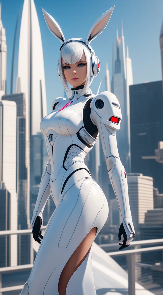Arad woman in white dress,Rabbit ears and city background, fashionable futuristic woman, cyborg fashion model, wearing futuristic clothing, beautiful android woman, retrofuturistic female android, beautiful female android, Cute cyborg girl, cyborg - girl with silver hair, wearing futuristic, white cyborg fashion shot, 3 D rendering character art 8 K, Futuristic style, sci - fi character