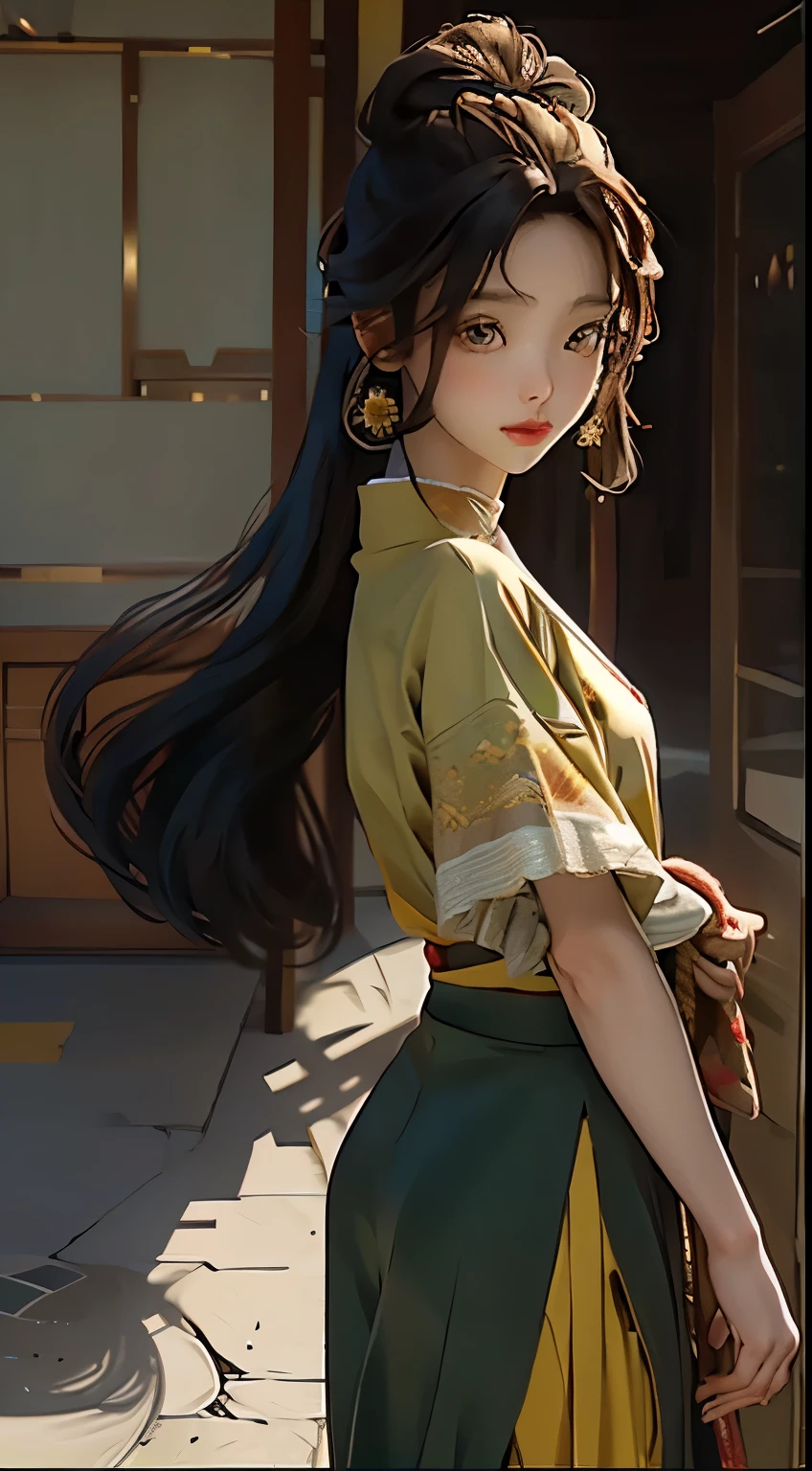 look back,rotate,beautiful girl,long hair,skirt