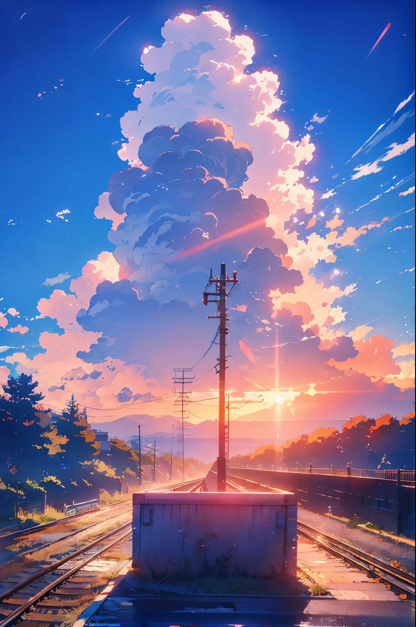 anime scene of a train passing under a blue and red sky, an anime drawing by Makoto Shinkai, trending on pixiv, magical realism, beautiful anime scene, cosmic skies. by makoto shinkai, ( ( makoto shinkai ) ), by makoto shinkai, anime background art, style of makoto shinkai
