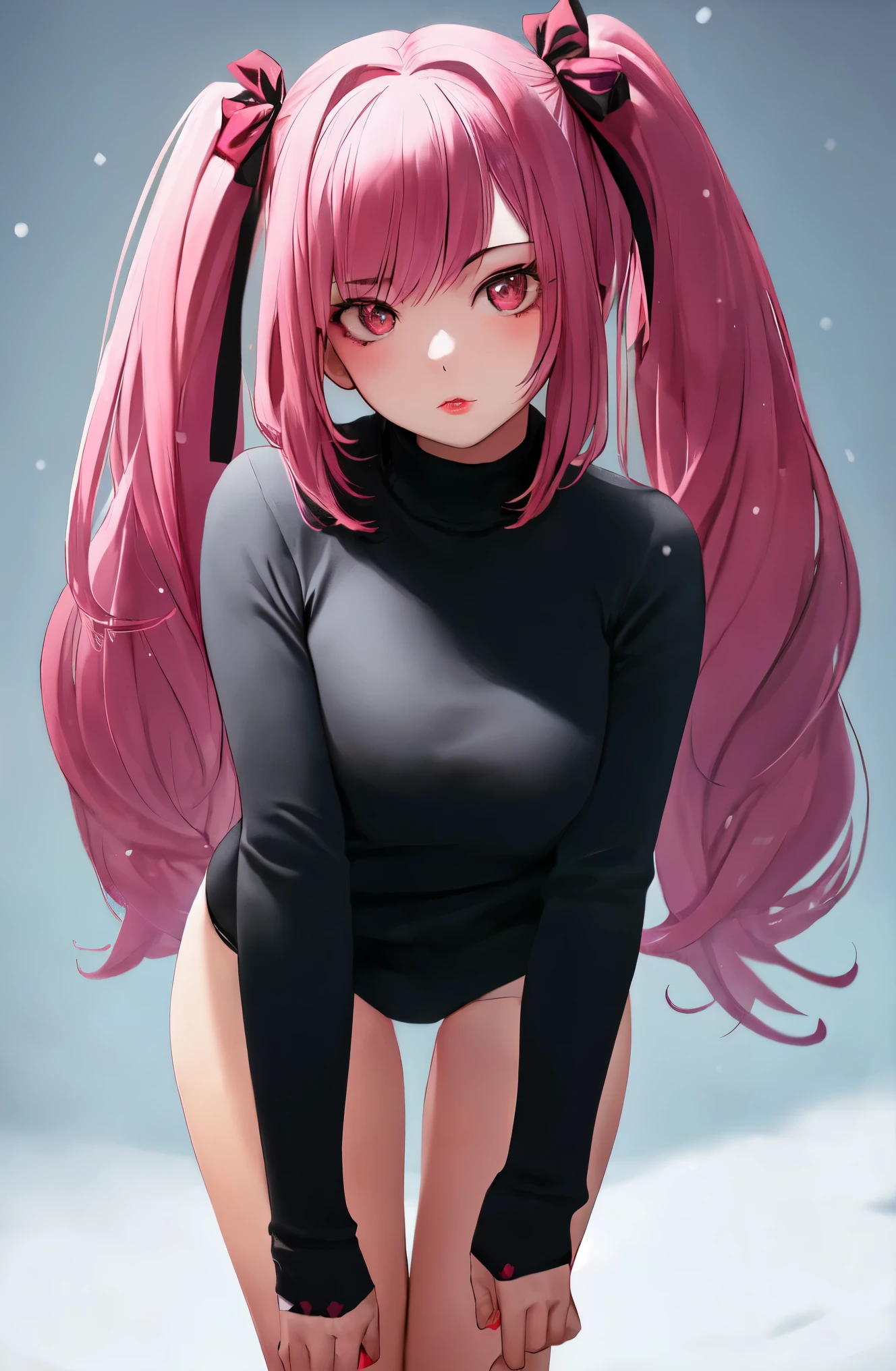 ((masterpiece)), (best quality), (detailed), 1girl,
looking at viewer,  (lipstick:0.75), leaning forward,
long pink hair, twintails,
colorful thighighs,
winter, vivid colors,
 