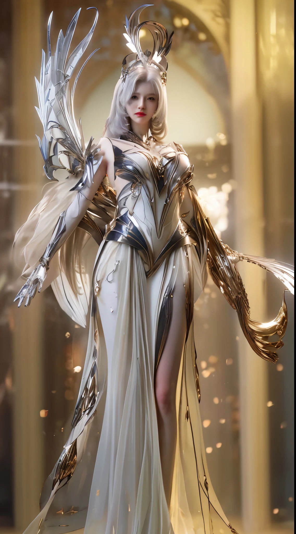 (A woman with complex silver hair，Mechanical joints and wing radiation, Quiet and dignified, standing in the water), High resolution, Super detailed, actual, bright colors, Bokeh, studio lighting.