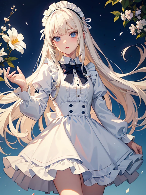 Vanilla girl,Blue eyes,White-yellow hair,straight bangs,blue opened coat,white open chest shirt,blue-whiye maid hair band,Red eyeshadows under eyes,Light pink cheek,Little bronde hair,Holding vanilla bean,Long hair,UHD,8K,Blue shoes,High tension/Sweets vibes,anime style