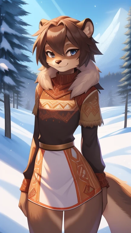 Best quality, Super detailed illustration, (fluffy otter boy:1.4) , feminine face and body, disheveled thick hair, warm clothes of the northern peoples, Warm tones, decorations on clothes, smug smile, against the backdrop of a winter forest and high snowy mountains ,femboy ,small waist, wide hips, slim, perfect body, DND style