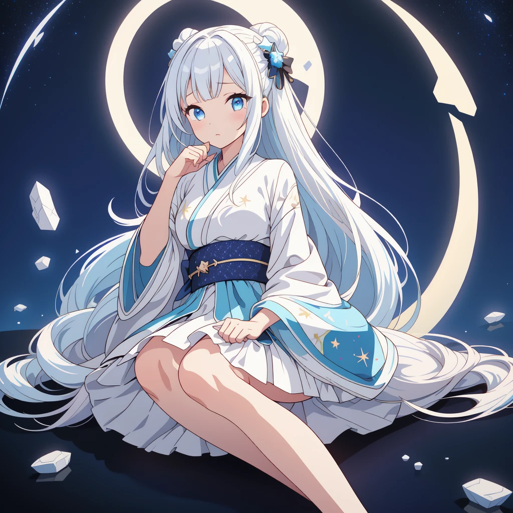 sitting on the crescent moon、(masterpiece, best quality), 1girl,  1girl、vtuber-fullbody、Star Fairy、「A beautifully printed galaxy patterned kimono and gothic lolita outfit.、Space pattern box pleated mini skirt with ruffles、Front full body portrait、Captivating eyes、Perfect and stunning face、Exquisite details、Clear images、highest quality。」Milky white and light blue gradient straight long hair、