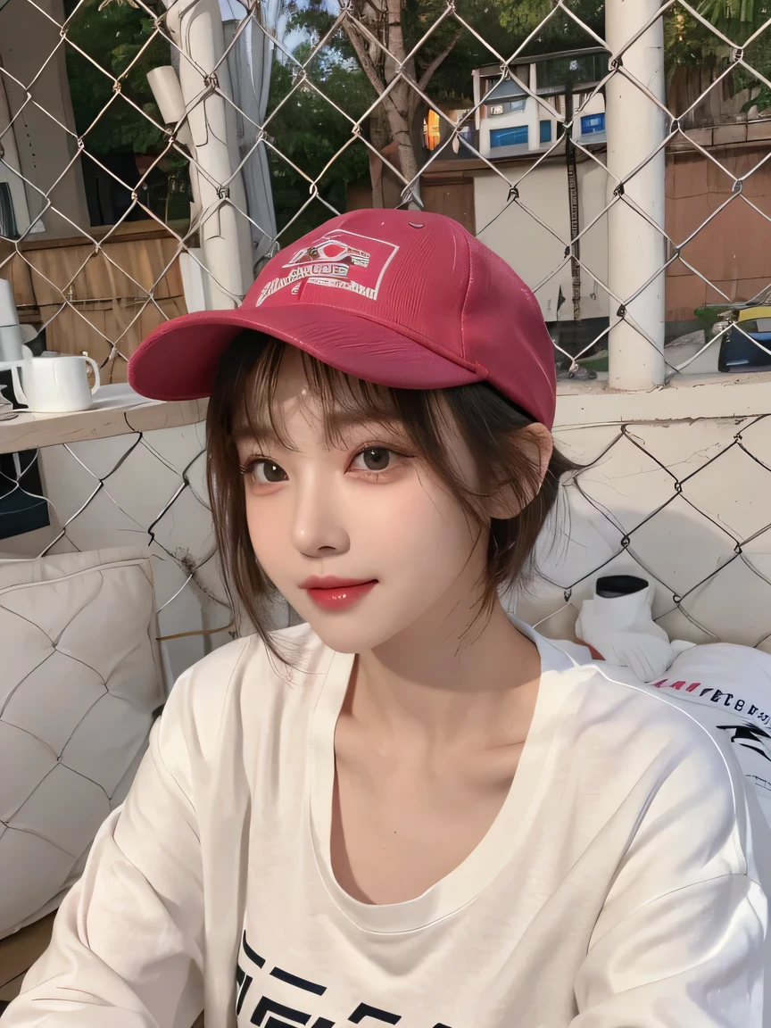 Best image quality、original photo、ultra high resolution、21 years old Korean、small breasts、dynamic angle、Cowboy shooting、The most beautiful form of chaos、elegant、Innovative design、bright colors、,light brown short hair、disheveled hair、light brown eyes 、black baseball cap(Facial expressionSmile)、short bob、Smile、Fair and shiny skin、beautiful eyes,random colors、The details are very beautiful、thin lips、Delicate and beautiful eyes、elongated eyes、Pale pink cheeks、long eyelashes、beautiful double eyelids、eye shadow、he、White Large T-shirt Sweatshirt、baggy pants、Shot from the side、sexy pose、enlarge