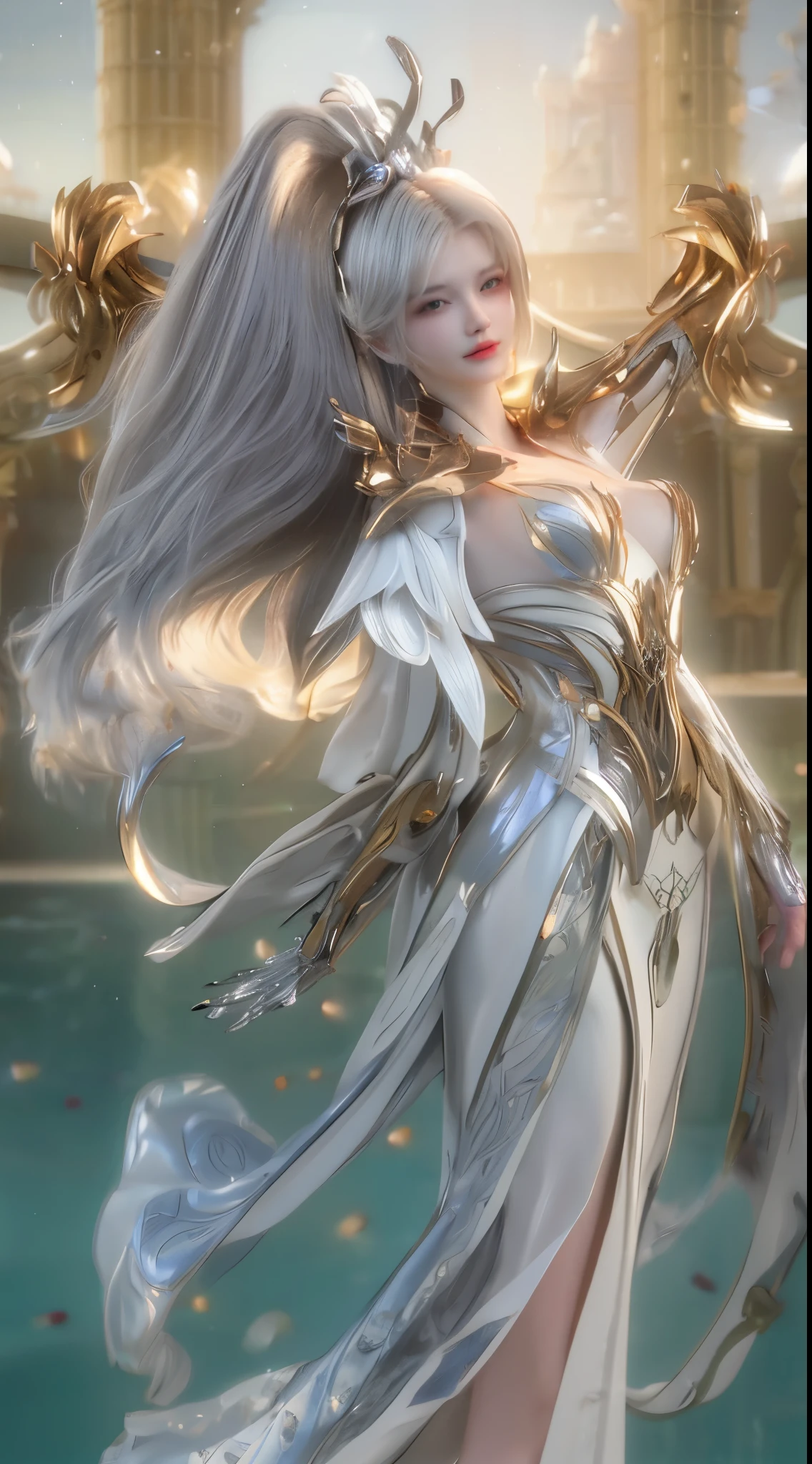 (A woman with complex silver hair，Mechanical joints and wing radiation, Quiet and dignified, standing in the water), High resolution, Super detailed, actual, bright colors, Bokeh, studio lighting.