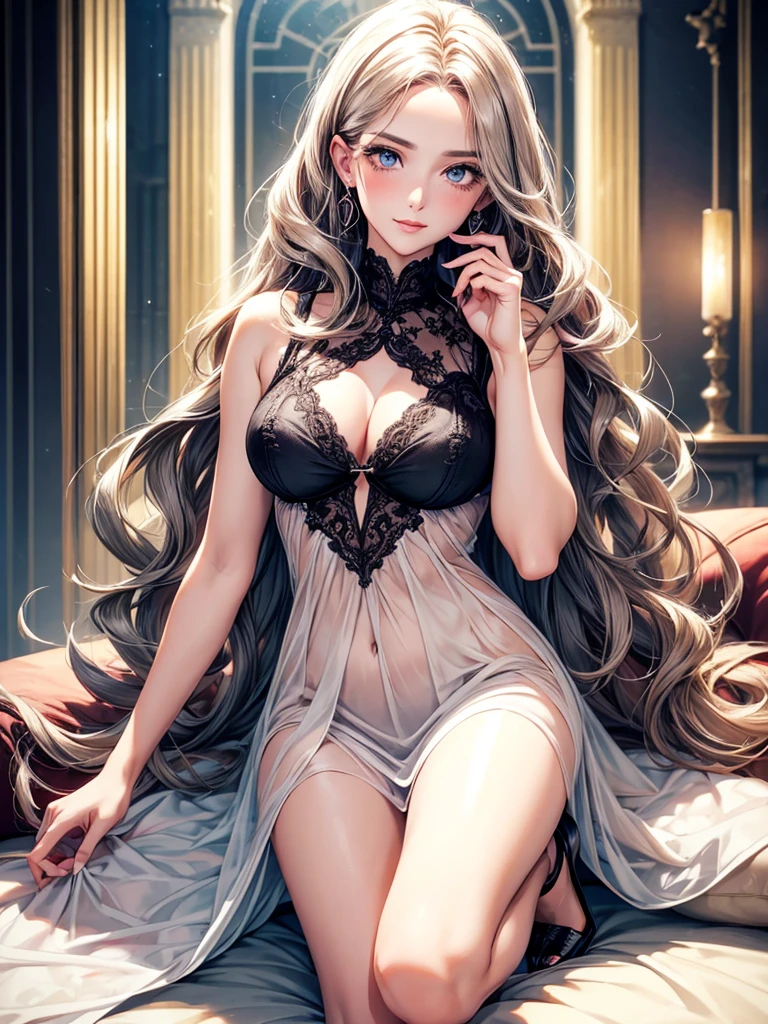 A woman, 30 years old, Mature, Super textured hair, Extra long wavy hair, Single ear front hair, Nice face, Super detailed eyes, Grow eye hair, shining pupils, Charming eyes, Beautiful and delicate lips, seductive smile, A light blush, Very detailed face, Extra detailed body, High quality real skin texture, Soft textured skin, Semi-sheer chiffon clothing, High heel, High quality legs, Super high quality fingers,