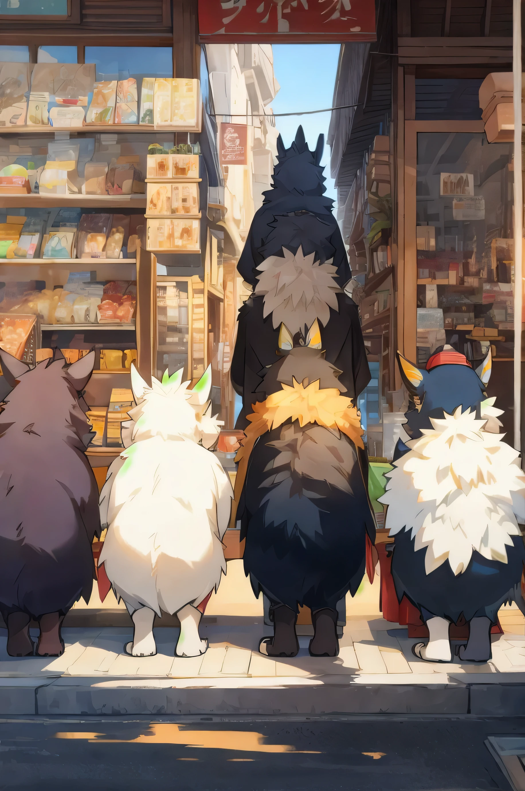 Animal monsters waiting in a line, oriental monster, back, Sunset is late afternoon, Monsters lined up in a row in front of the store