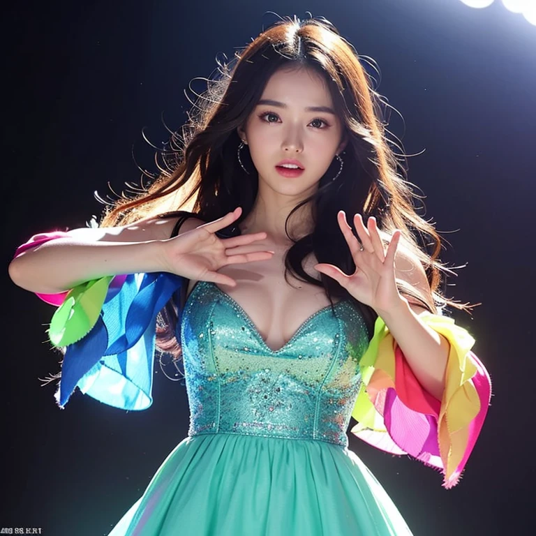 (((full medium shot))), (Masterpiece, photorealistic, photorealism, best quality, ultra-detailed:1.3), (nice hands, perfect hands), official art, cinematic light, (1girl:1.3), adult, K-pop idol, beautiful, looking at viewer, action pose, Tiered ruffle maxi dress, on stage, live performance, glowing particles, floral, aesthetic, beautiful color, rich color, vivid color, prismatic colors, illusionism, detailed, Shine colorful