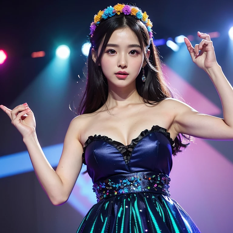 (((full medium shot))), (Masterpiece, photorealistic, photorealism, best quality, ultra-detailed:1.3), (nice hands, perfect hands), official art, cinematic light, (1girl:1.3), adult, K-pop idol, beautiful, looking at viewer, action pose, Tiered ruffle maxi dress, on stage, live performance, glowing particles, floral, aesthetic, beautiful color, rich color, vivid color, prismatic colors, illusionism, detailed, Shine colorful