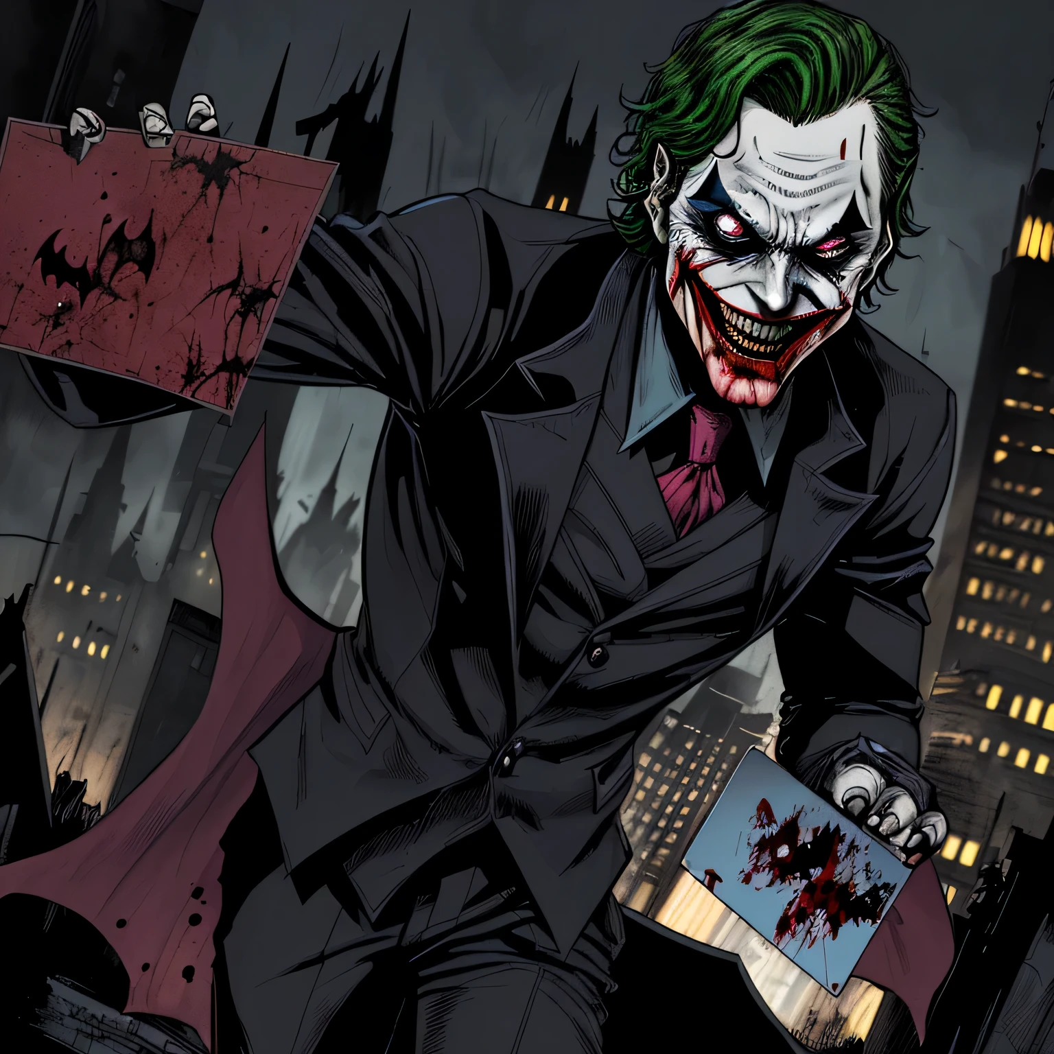 Dc comic style,comic scene,joker use Batman suit,he laugh creepy,his eye glowing red,burn hospital in background,he hold a Remi card,blood come from his mought,Batman suit his use full black color